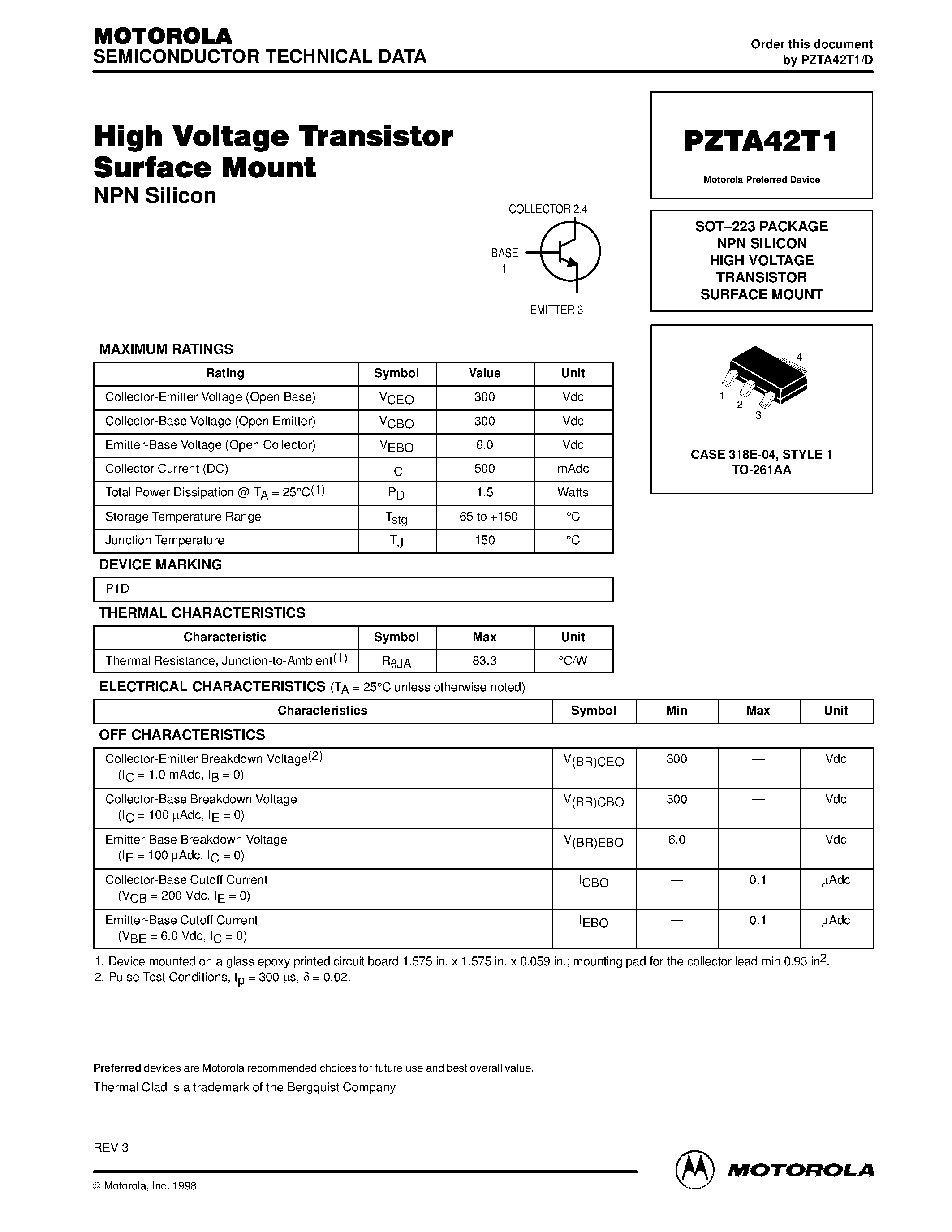 Даташит PZTA42T1 - NPN SILICON HIGH VOLTAGE TRANSISTOR SURFACE MOUNT страница 1