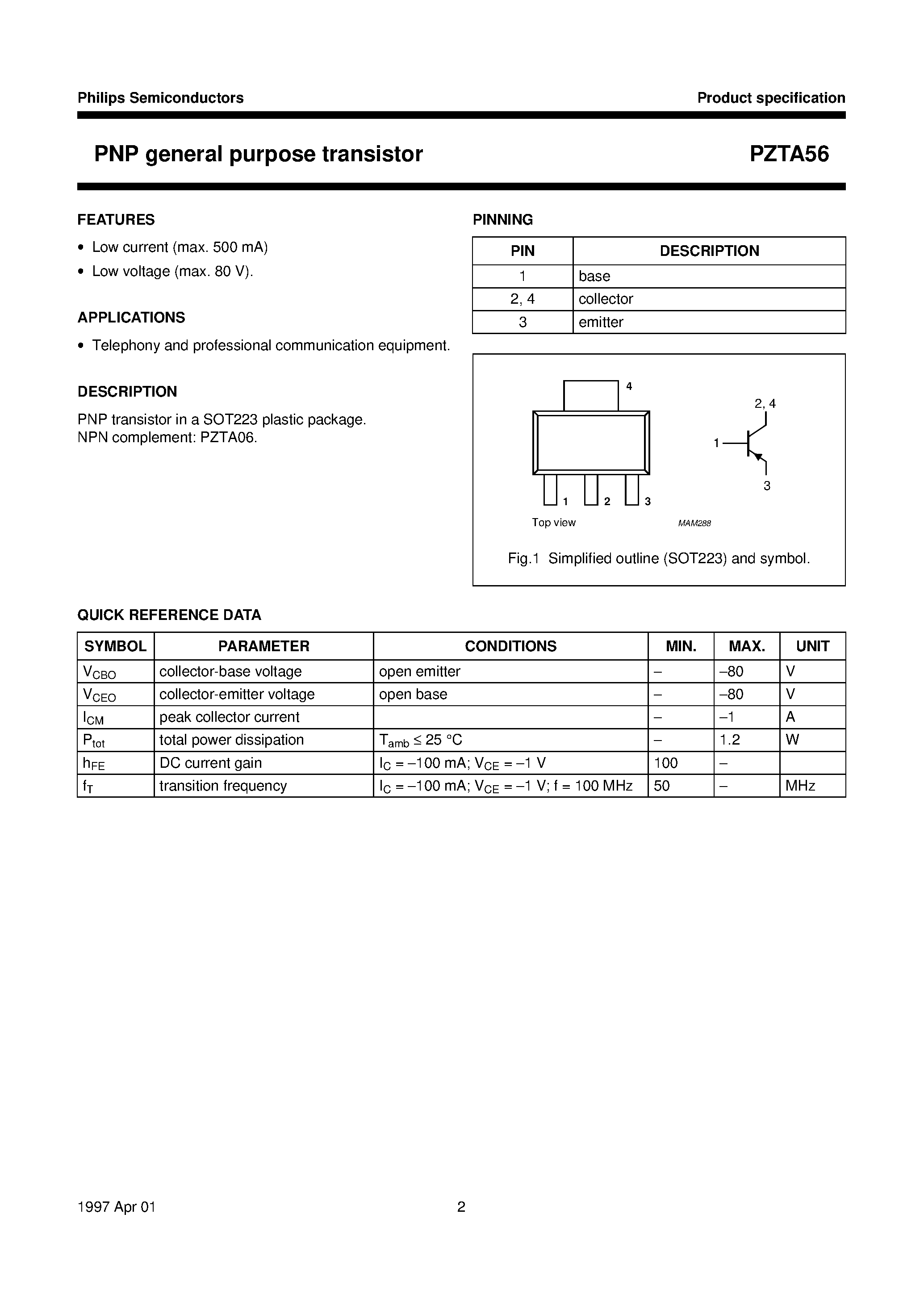 Даташит на микросхему PZTA56 страница 2 Даташит PZTA56 - PNP general purpose transistor страница 2