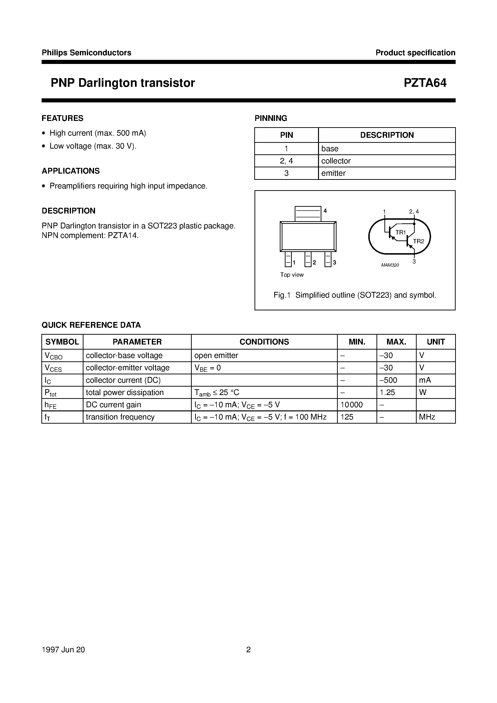 Даташит PZTA64 - PNP Darlington transistor страница 2