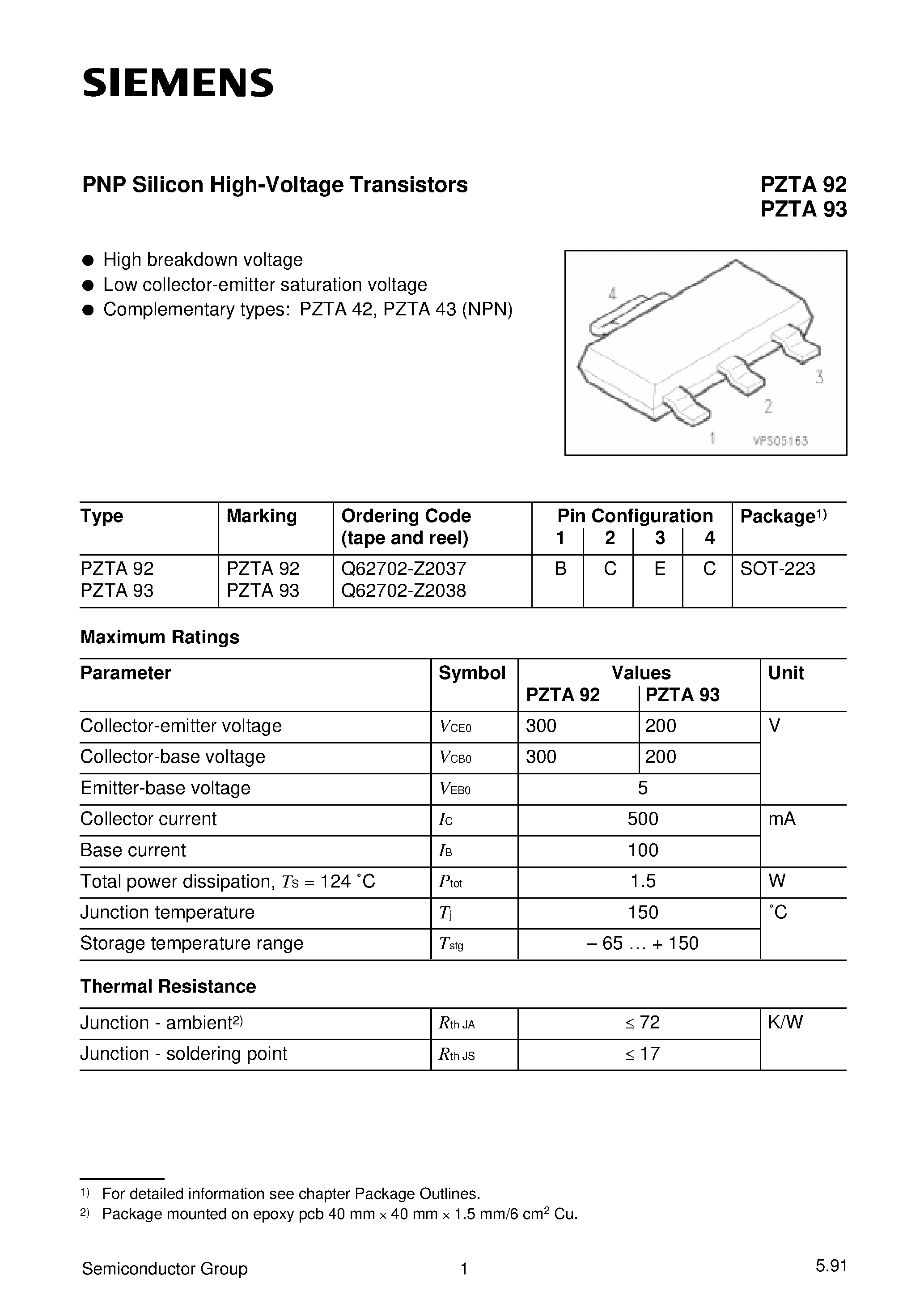 Даташит на микросхему PZTA93 страница 1 Даташит PZTA93 - PNP Silicon High-Voltage Transistors страница 1