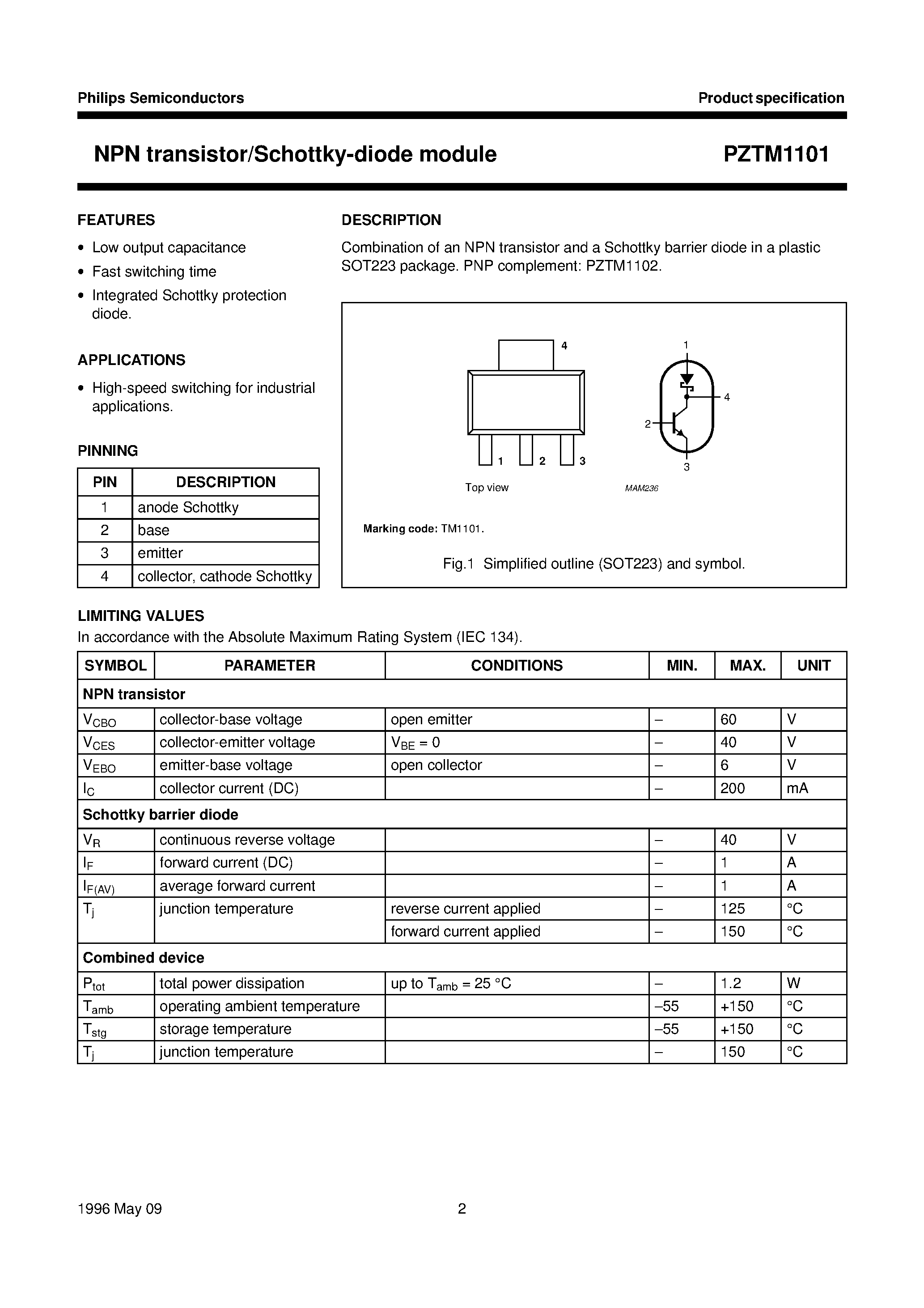 Даташит на микросхему PZTM1101 страница 2 Даташит PZTM1101 - NPN transistor/Schottky-diode module страница 2