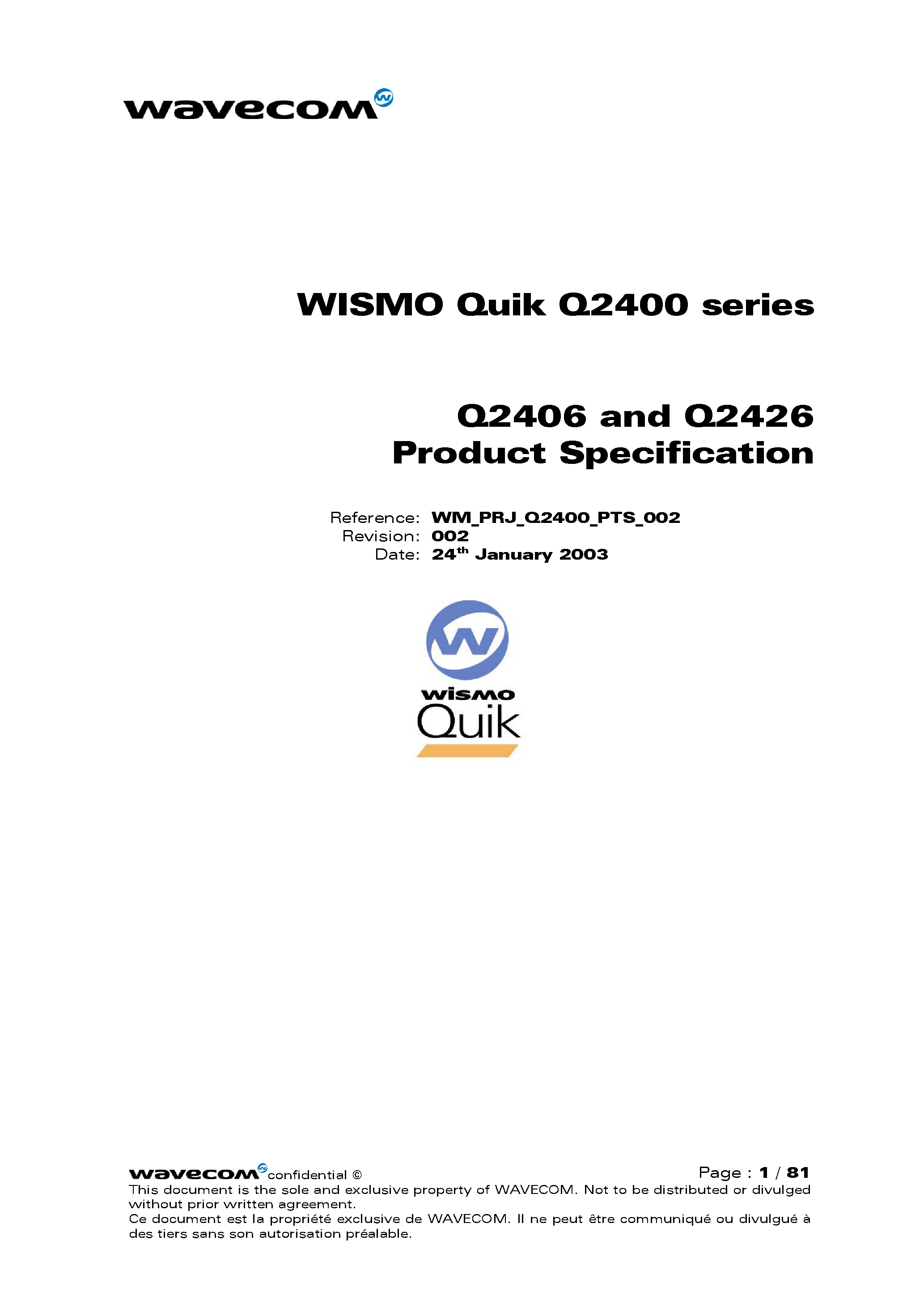 Datasheet Q2426A - SELF CONTAINED E GSM/GPRS 900/1800 OR 850/1900 BI BAND MODULE page 1