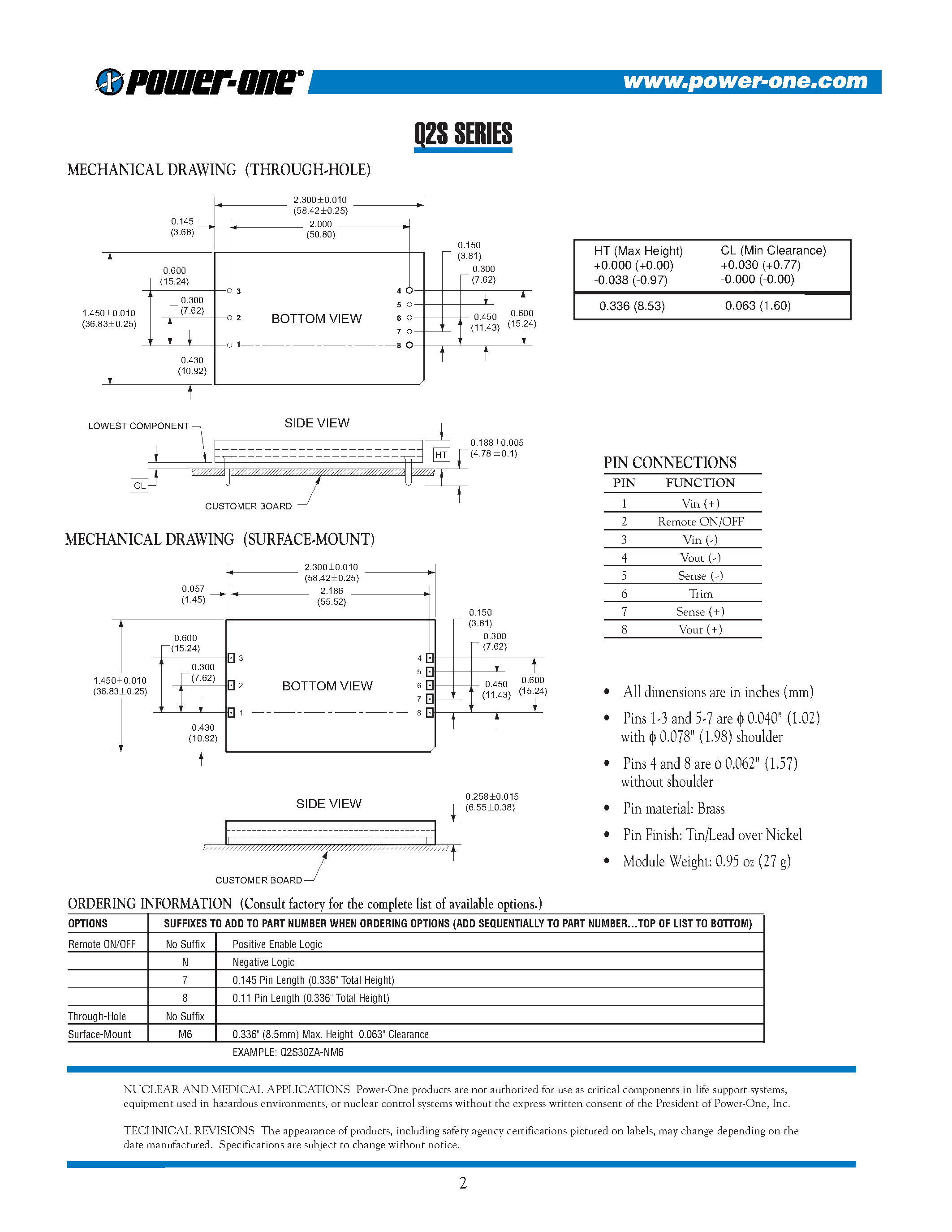 Datasheet Q2S30ZA - Q2S Series - 30A Quarter Brick DC/DC Converter 48V Input 1.5V to 3.3V Output page 2