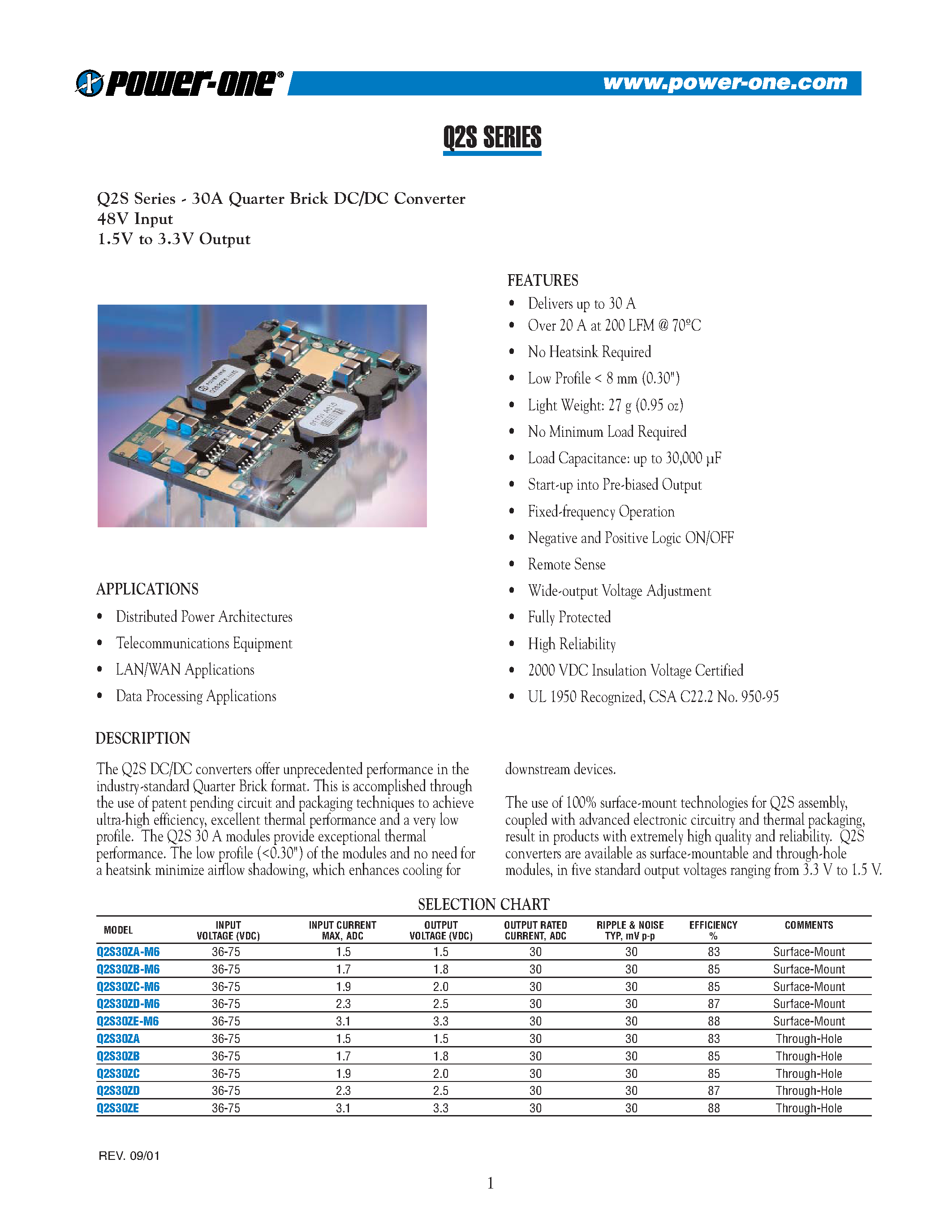 Datasheet Q2S30ZE page 1 Datasheet Q2S30ZE - Q2S Series - 30A Quarter Brick DC/DC Converter 48V Input 1.5V to 3.3V Output page 1