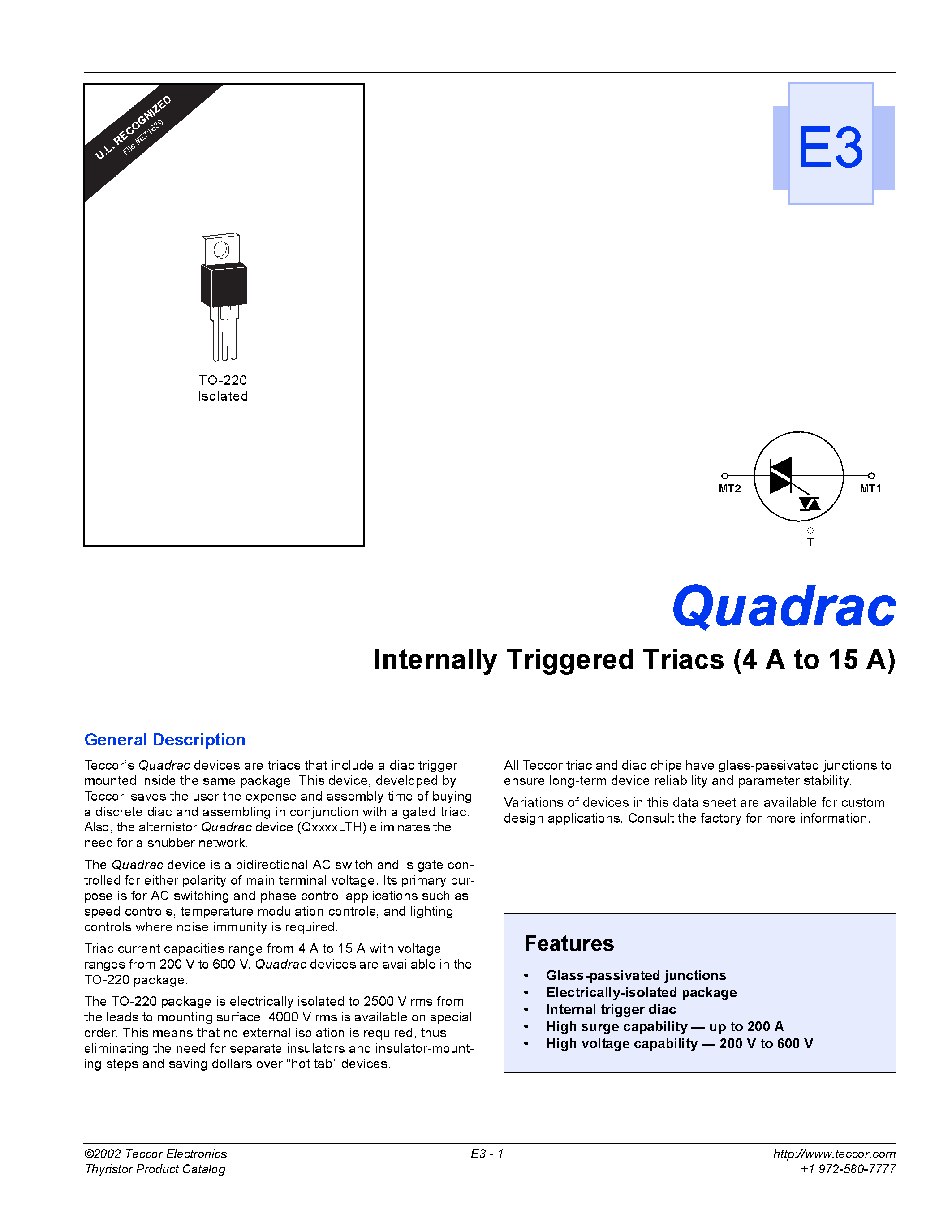 Datasheet Q4015LTH - Internally Triggered Triacs (4 A to 15 A) page 1