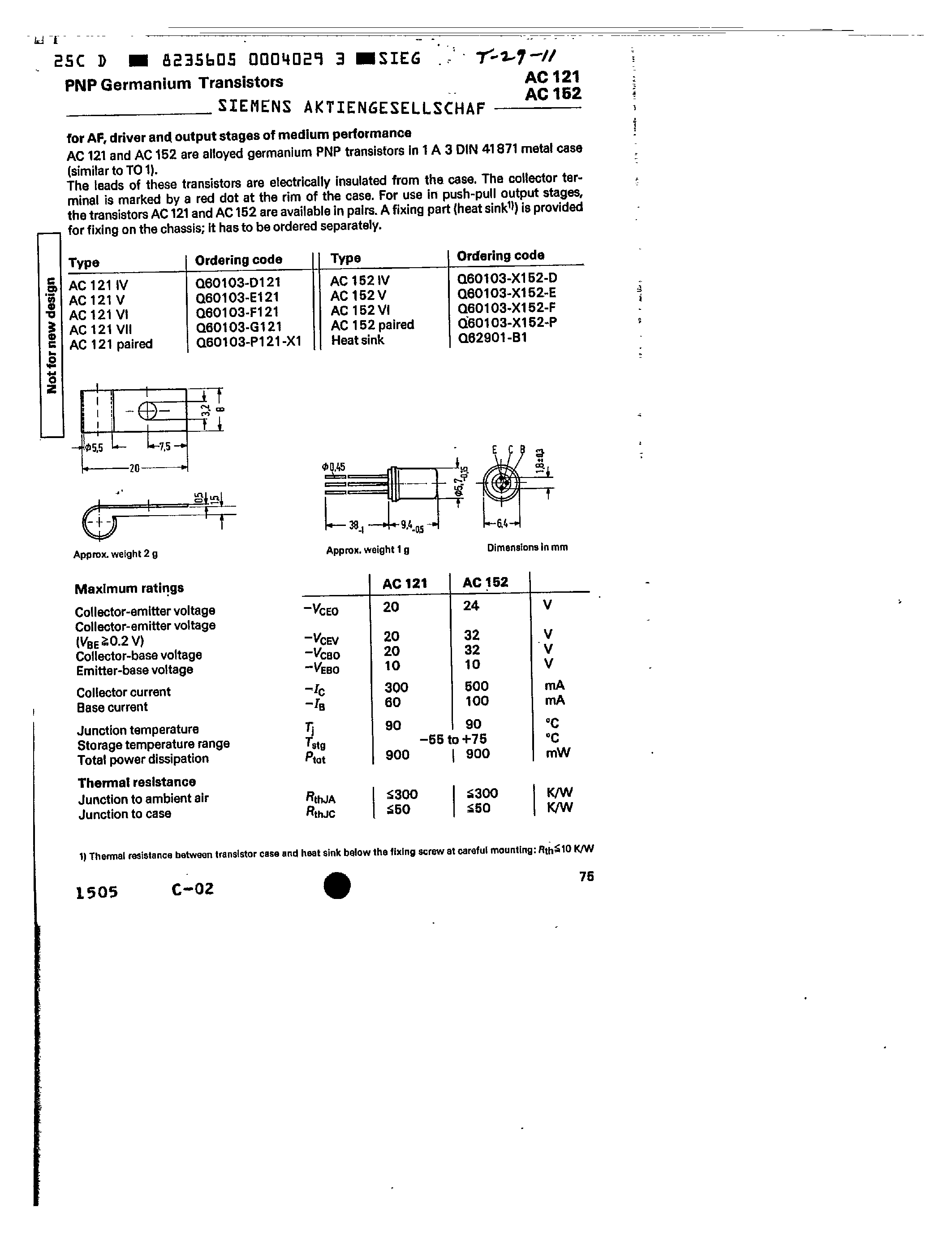 Datasheet Q60103-P121-X1 - pnp germanium transistors page 1