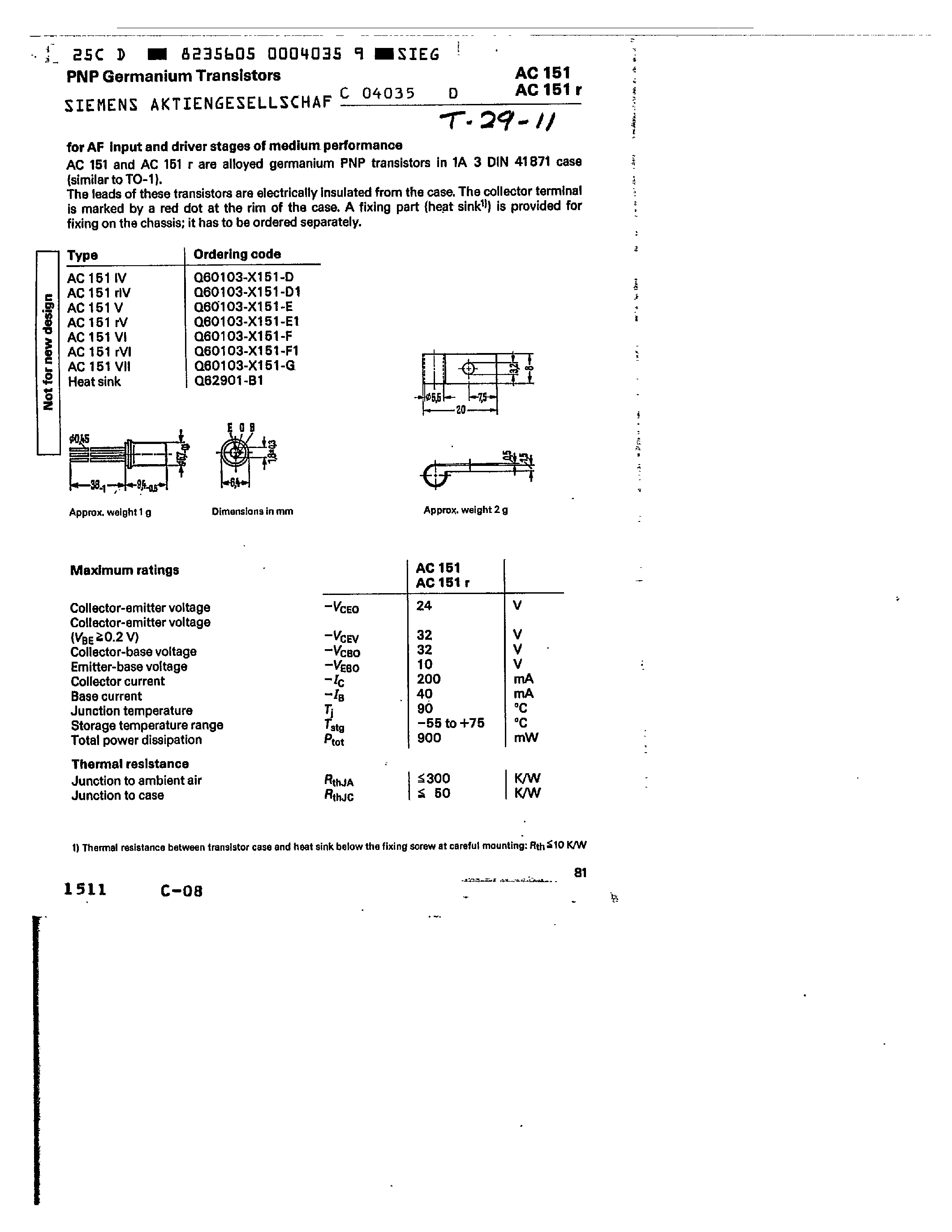 Datasheet Q60103-X151-E1 - PNP GERMANIUM TRANSISTORS page 1