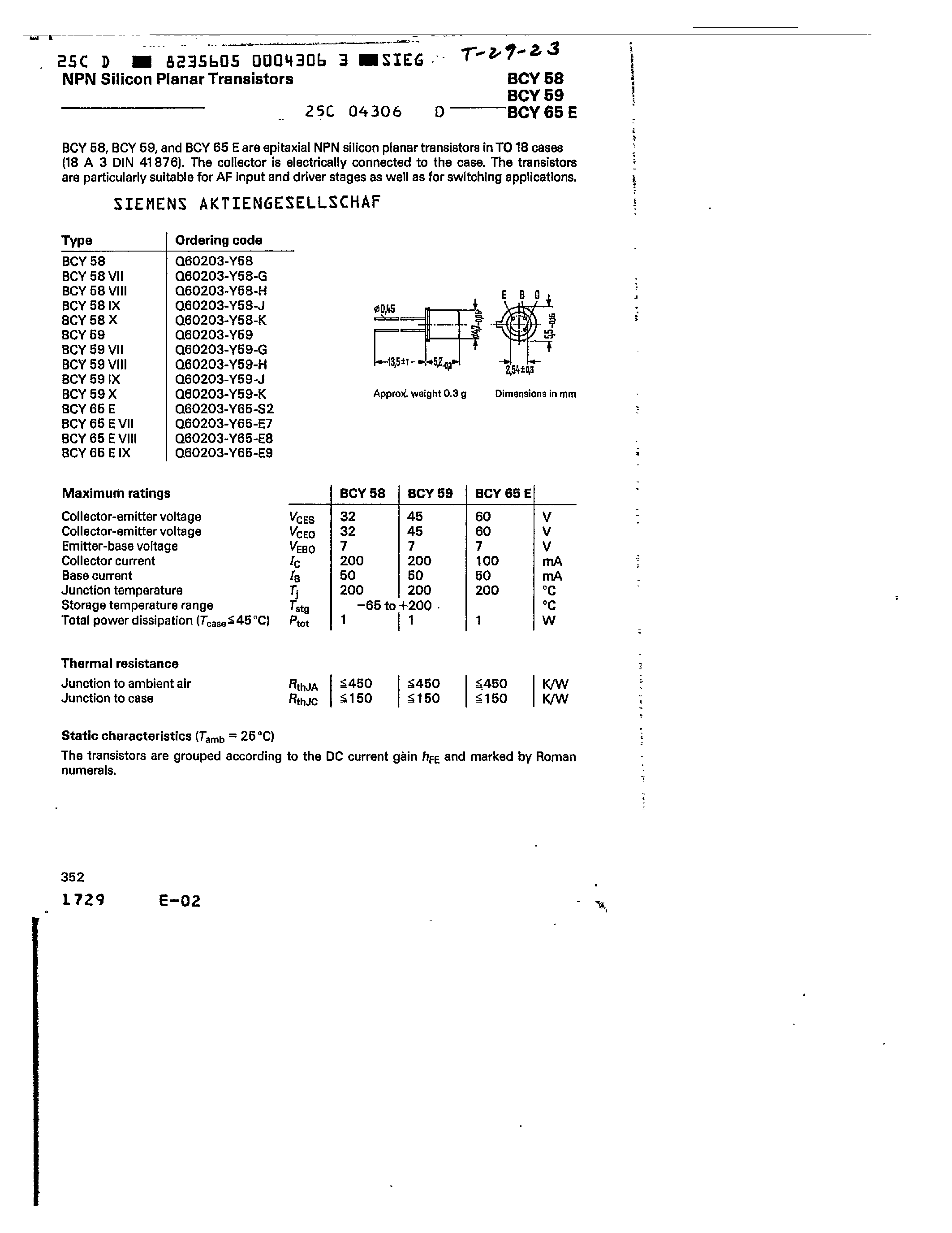 Datasheet Q60203-Y65-E7 - npn silicon planar transistors page 1