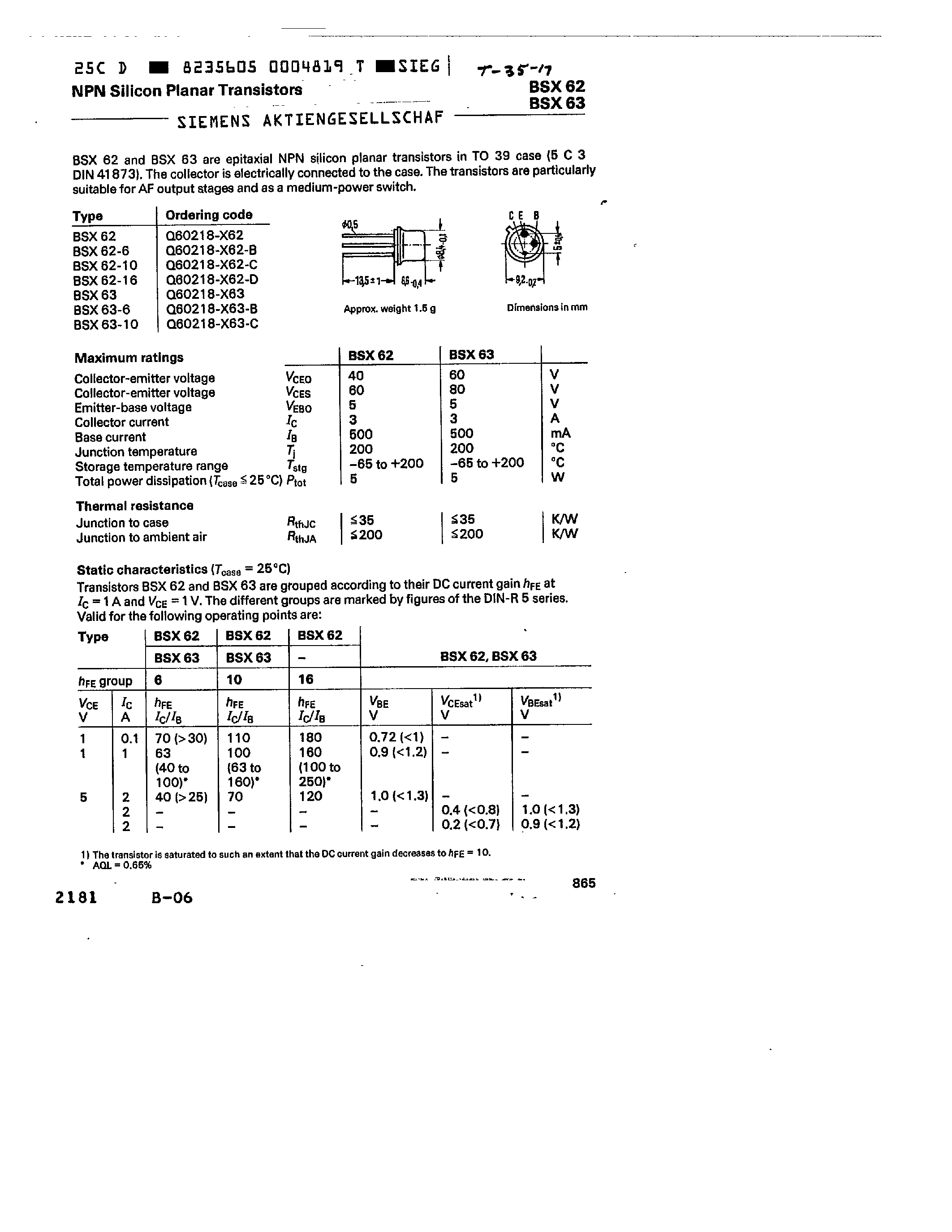 Datasheet Q60218-X62-D page 1 Datasheet Q60218-X62-D - NPN SILICON PLANAR TRANSISTORS page 1