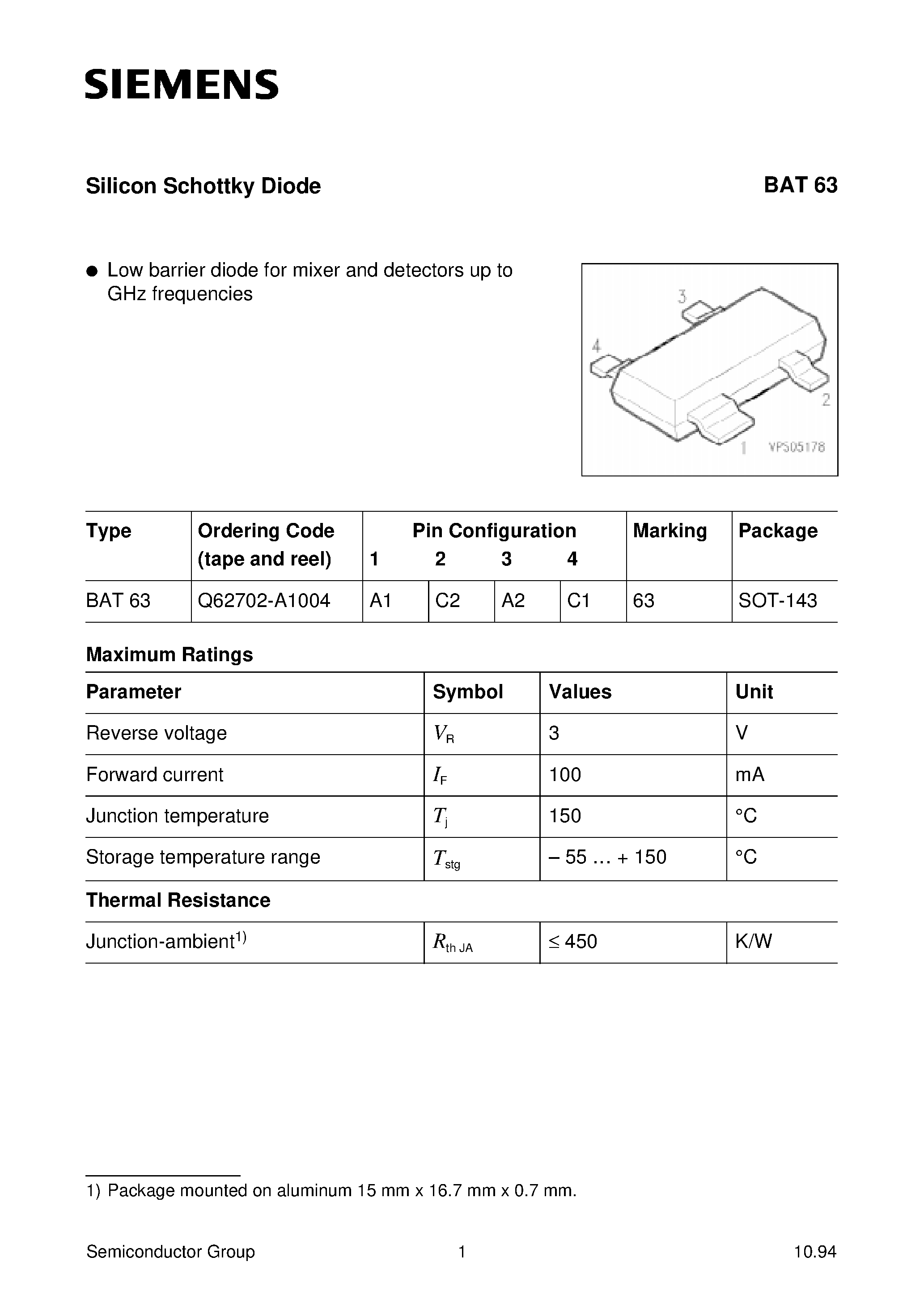 Datasheet Q62702-A1004 page 1 Datasheet Q62702-A1004 - Silicon Schottky Diode (Low barrier diode for mixer and detectors up to GHz frequencies) page 1