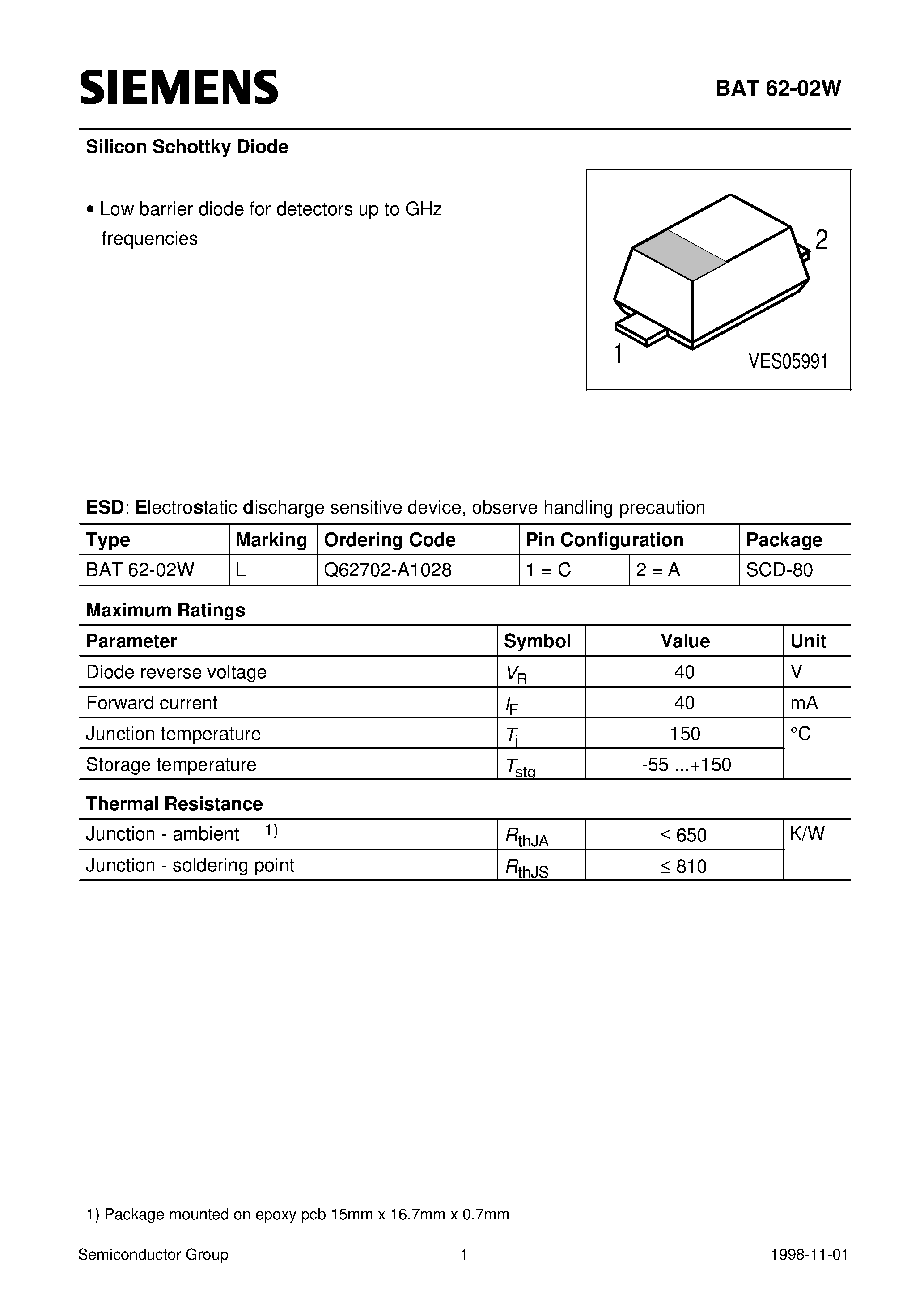 Datasheet Q62702-A1028 - Silicon Schottky Diode (Low Barrier diode for detectors up to GHz frequencies) page 1