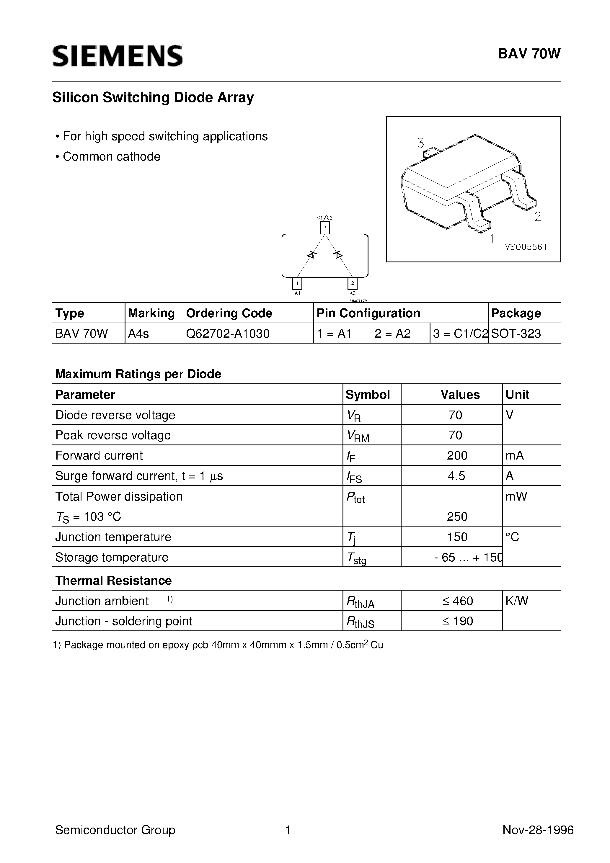Даташит Q62702-A1030 - Silicon Switching Diode Array (For high speed switching applications Common cathode) страница 1