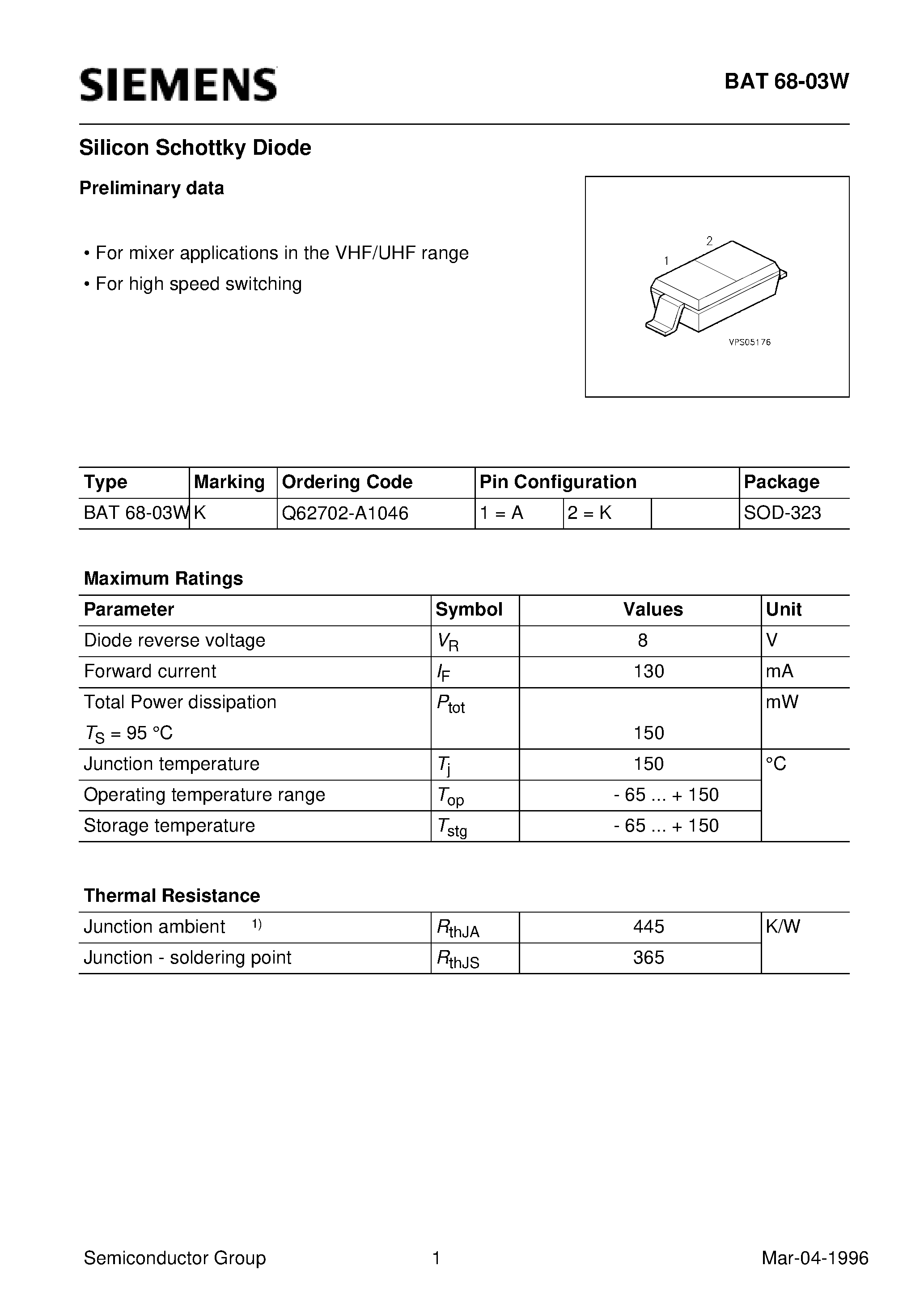 Datasheet Q62702-A1046 - Silicon Schottky Diode (For mixer applications in the VHF/UHF range For high speed switching) page 1