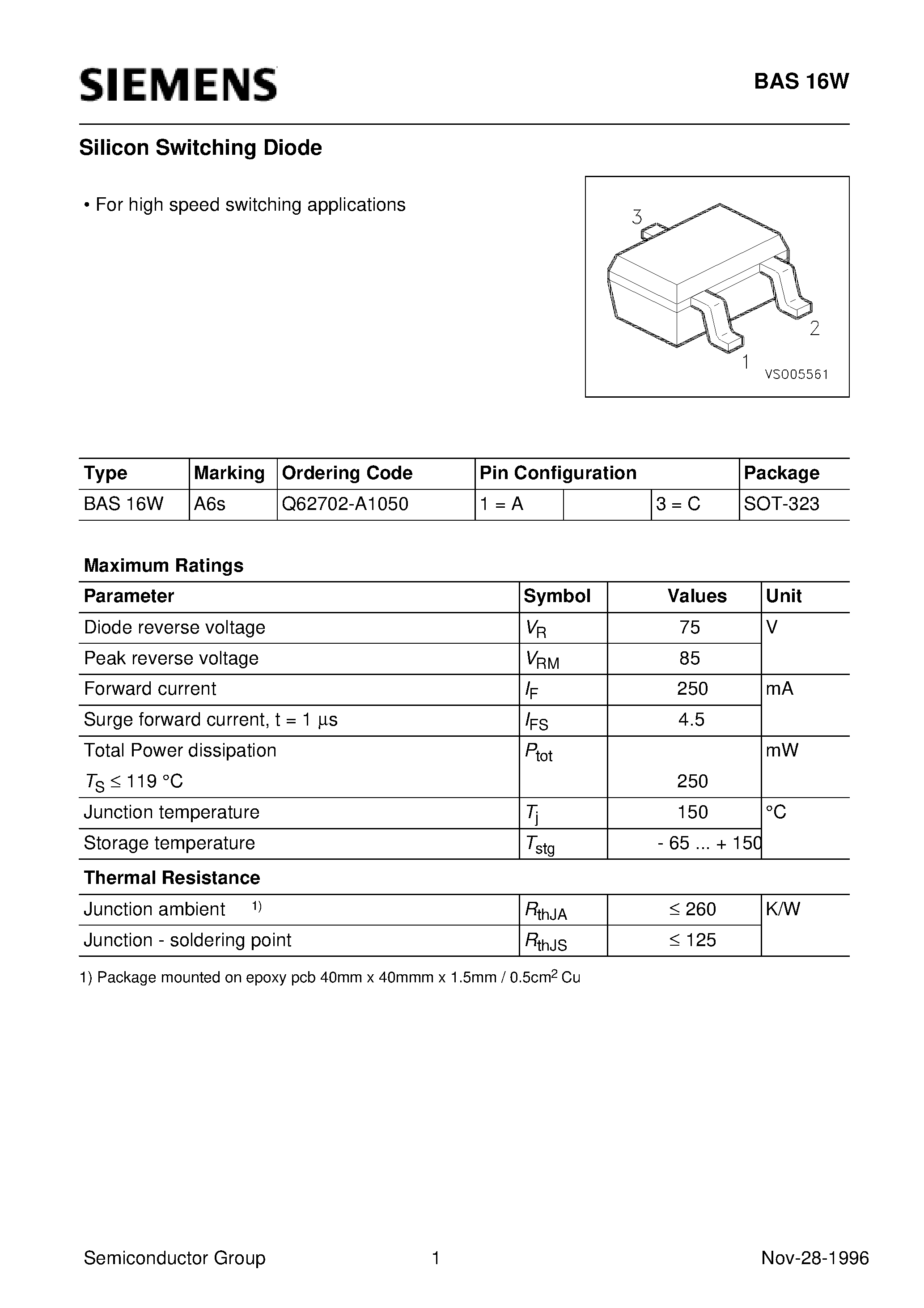 Даташит Q62702-A1050 - Silicon Switching Diode (For high speed switching applications) страница 1