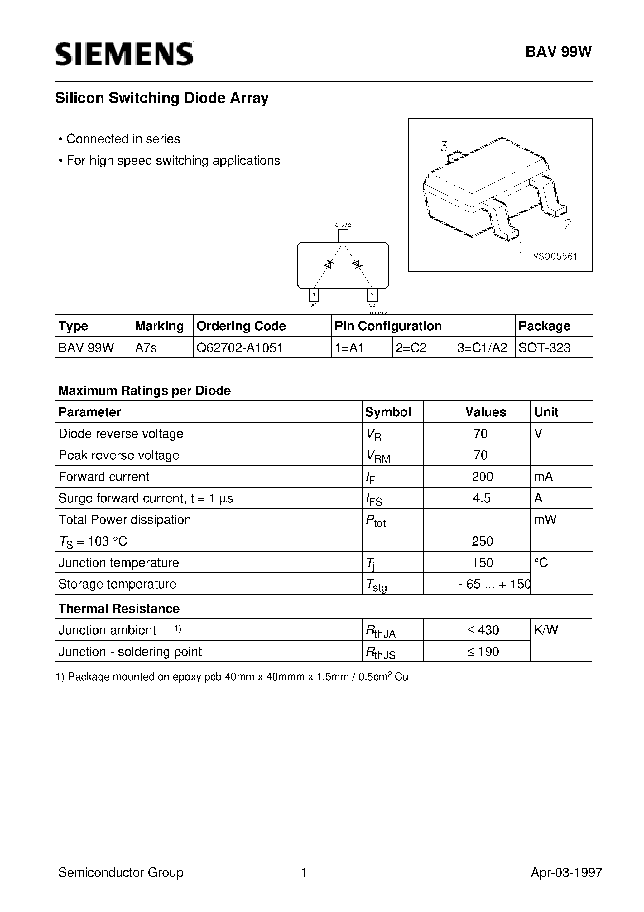 Даташит Q62702-A1051 - Silicon Switching Diode Array (Connected in series For high speed switching applications) страница 1
