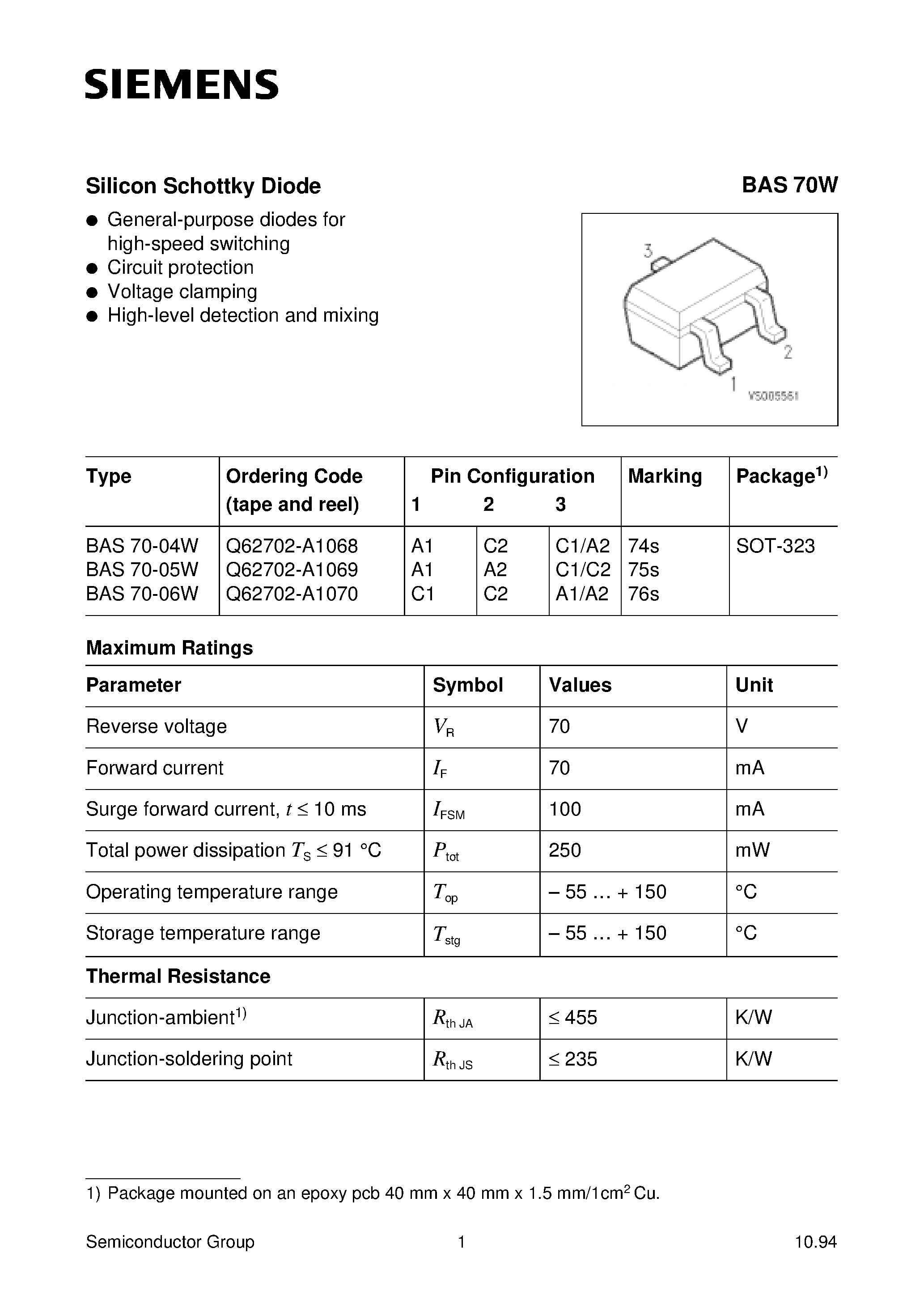 Даташит Q62702-A1069 - Silicon Schottky Diode (General-purpose diodes for high-speed switching Circuit protection Voltage clamping) страница 1