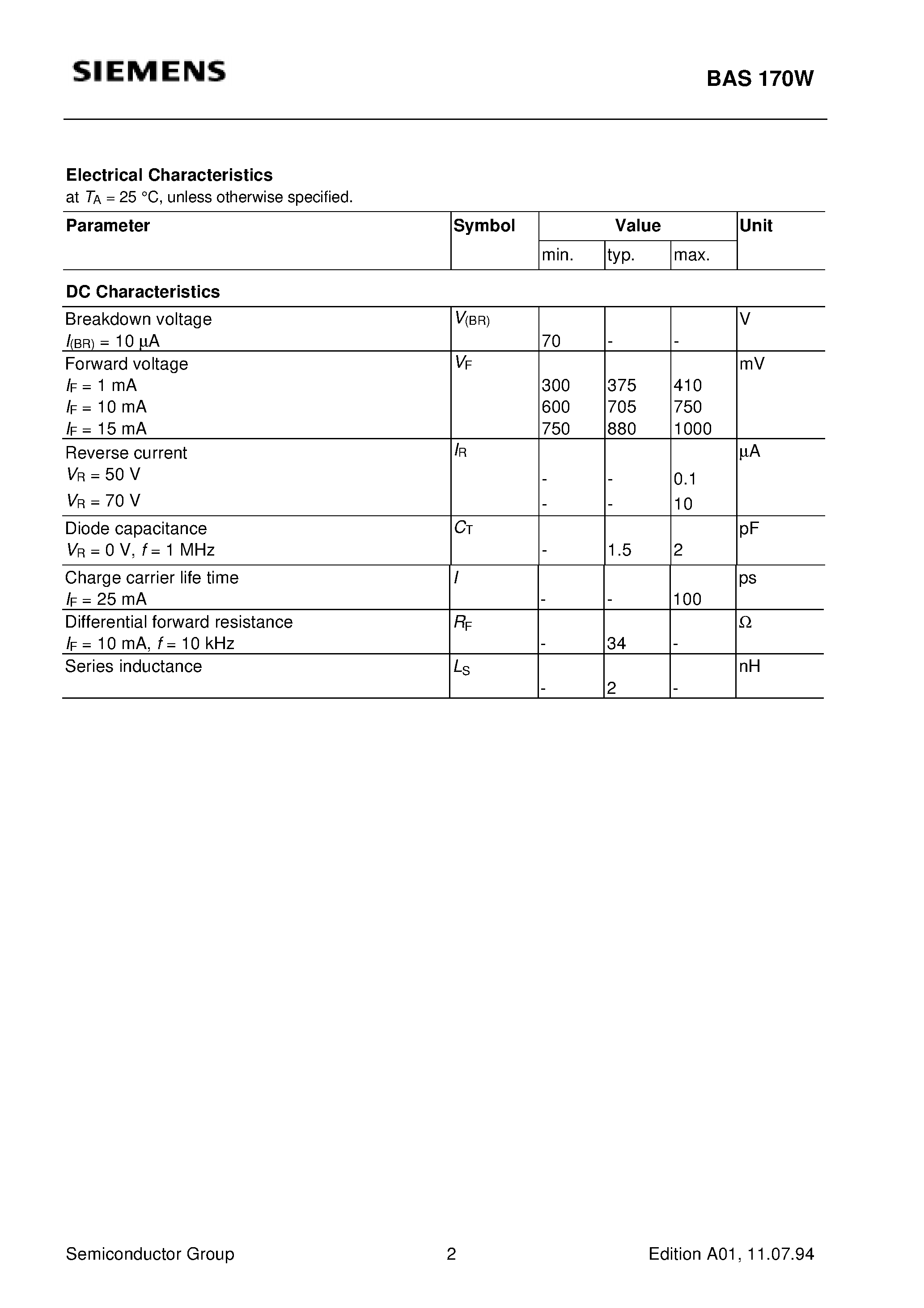 Даташит Q62702-A1072 - Silicon Schottky Diode (General-purpose diodes for high-speed switching Circuit protection Voltage clamping) страница 2
