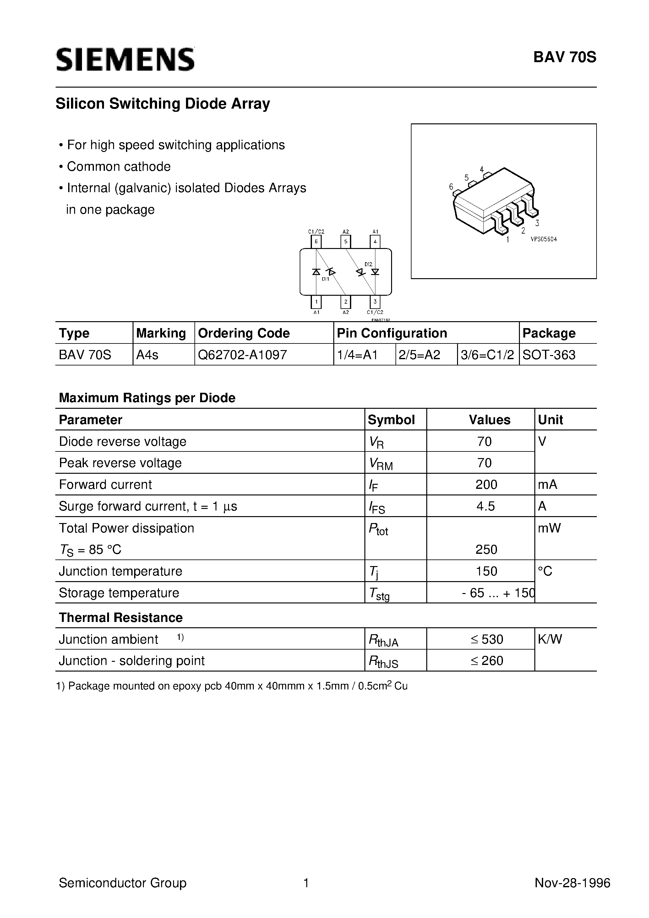 Даташит на микросхему Q62702-A1097 страница 1 Даташит Q62702-A1097 - Silicon Switching Diode Array (For high speed switching applications Common cathode) страница 1