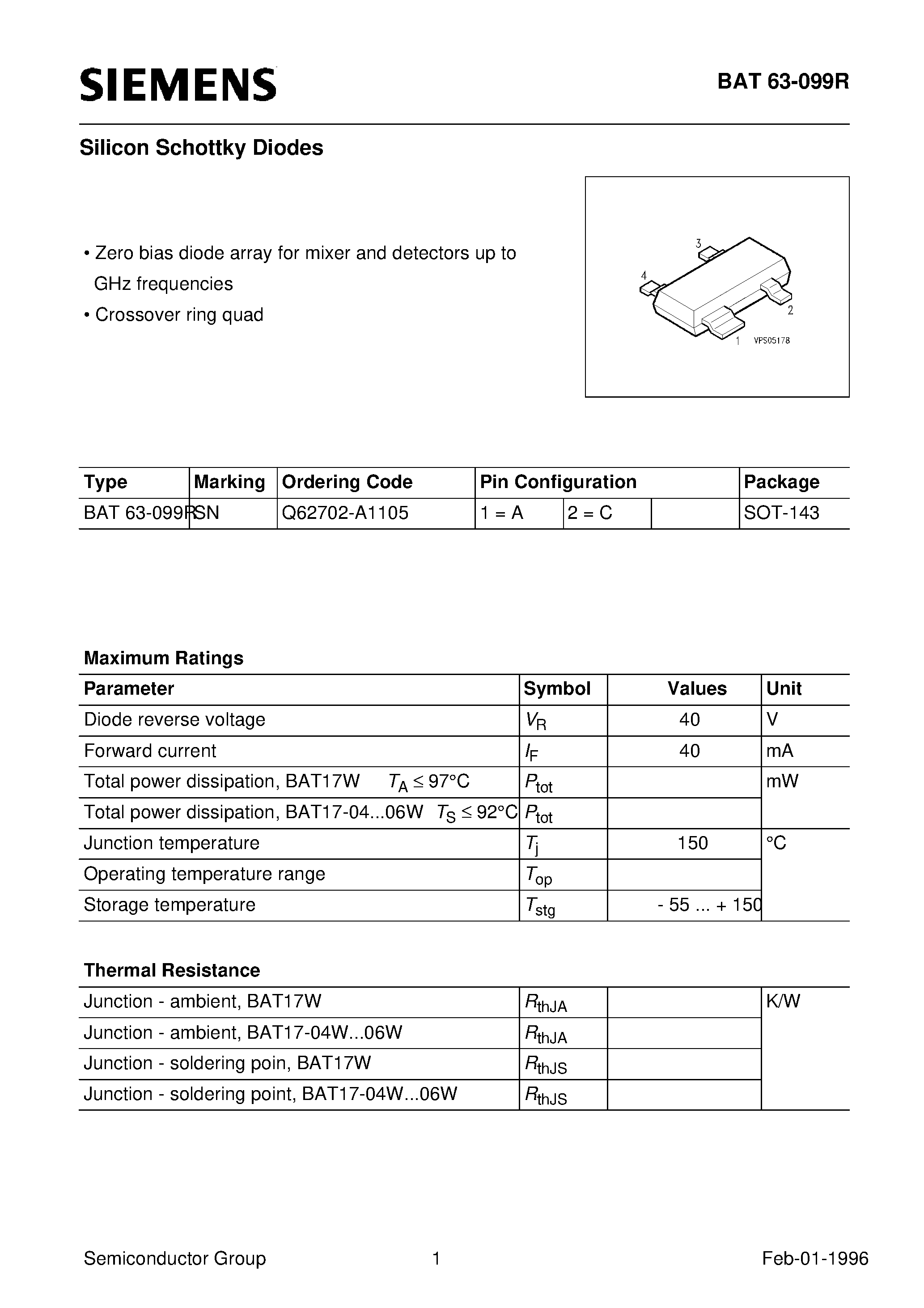 Даташит Q62702-A1105 - Silicon Schottky Diodes (Zero bias diode array for mixer and detectors up to GHz frequencies Crossover ring quad) страница 1