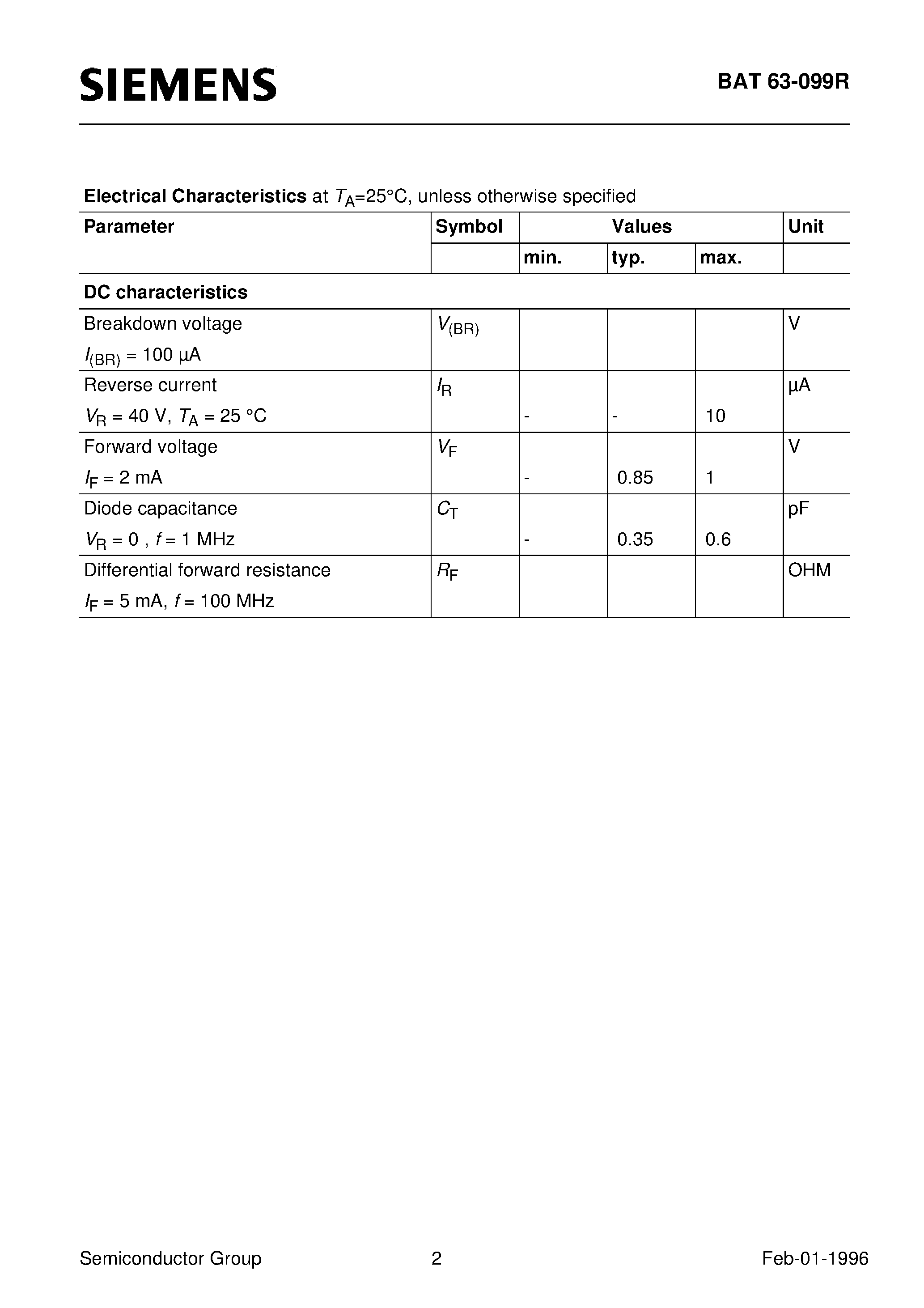 Даташит Q62702-A1105 - Silicon Schottky Diodes (Zero bias diode array for mixer and detectors up to GHz frequencies Crossover ring quad) страница 2