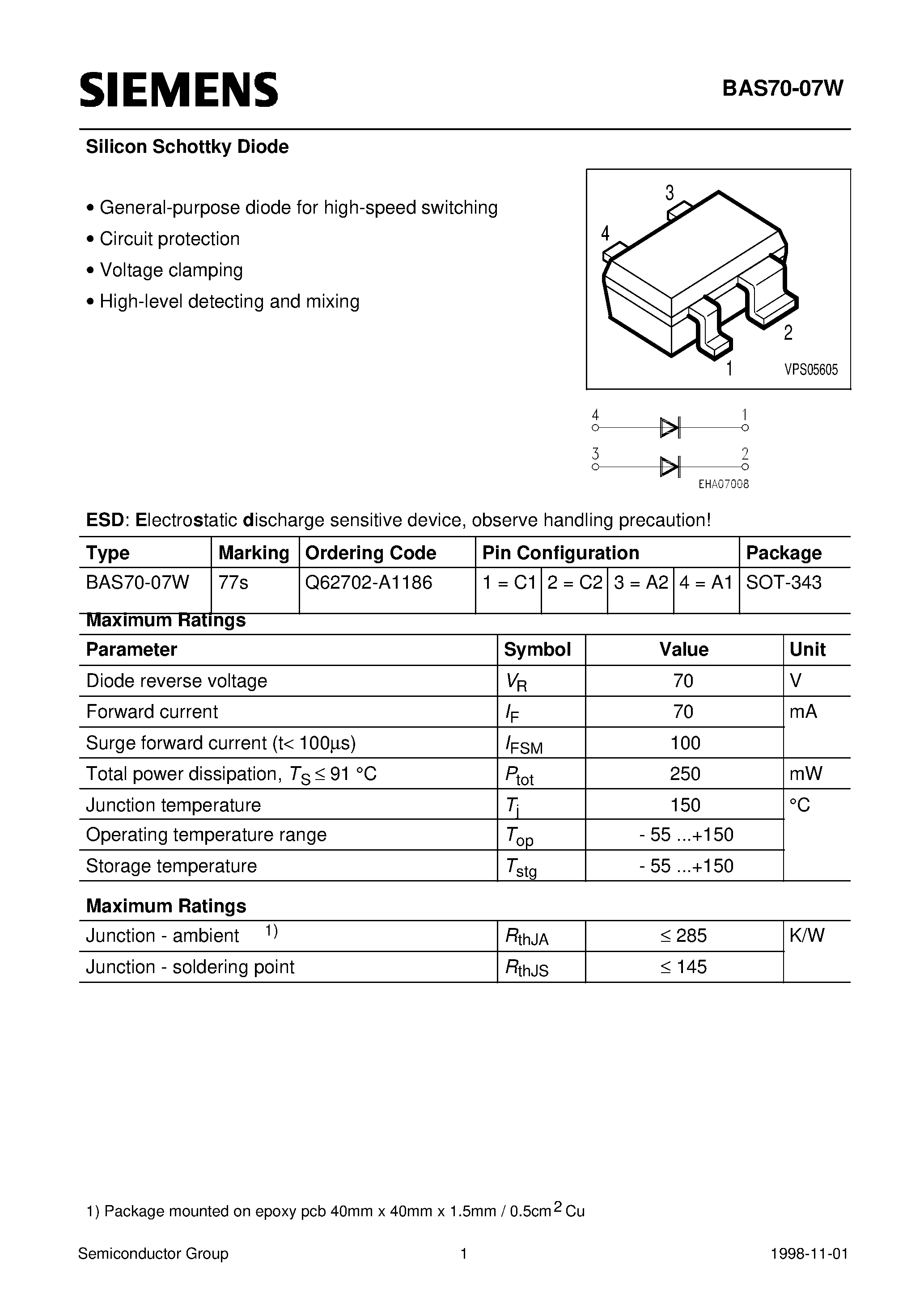 Datasheet Q62702-A1186 - Silicon Schottky Diode (General-purpose diode for high-speed switching Circuit protection Voltage clamping High-level detecting and mixing) page 1