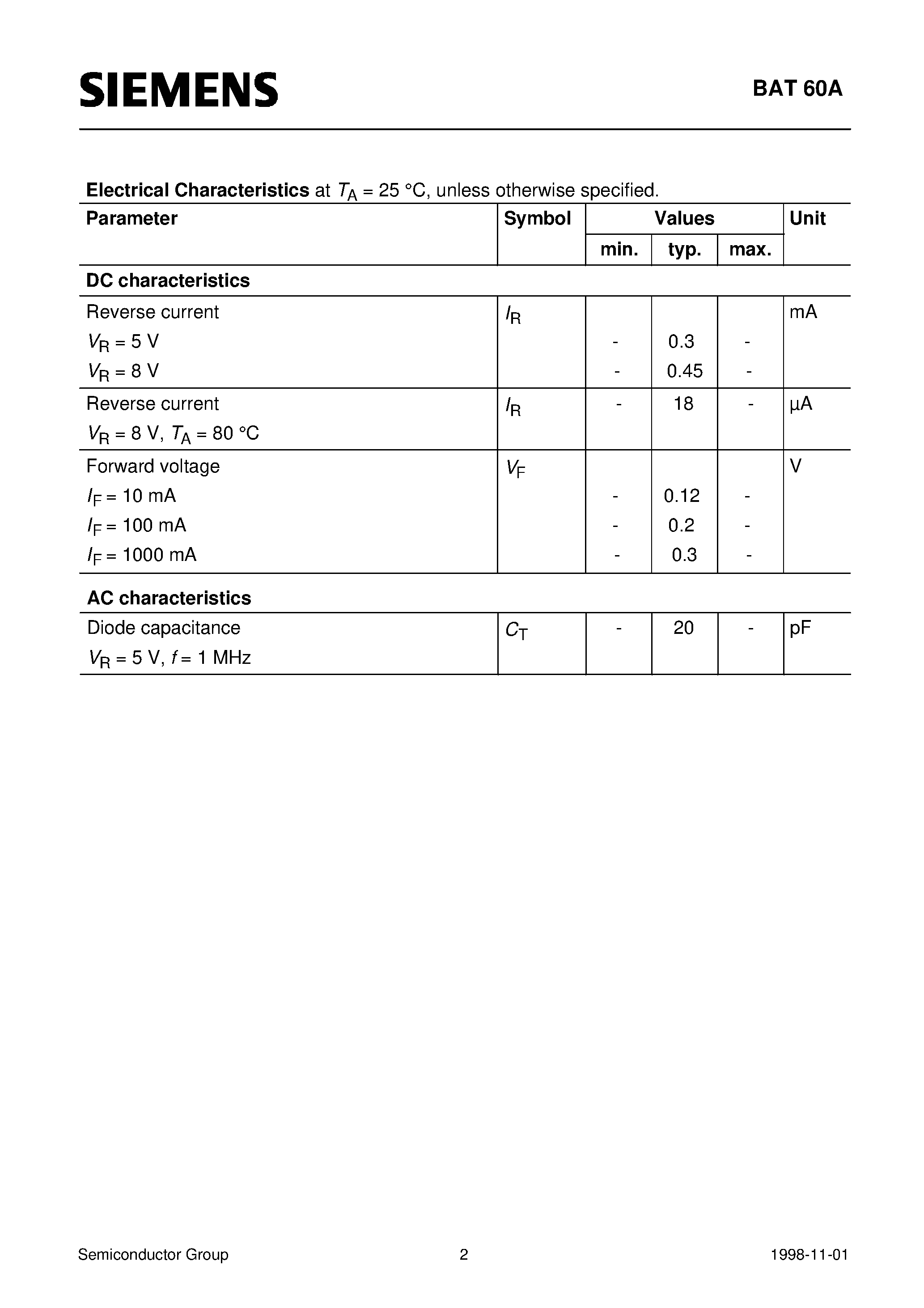 Datasheet Q62702-A1188 - Silicon Schottky Diode (Rectifier Schottky diode with extreme low VF drop for mobile communication For power supply page 2