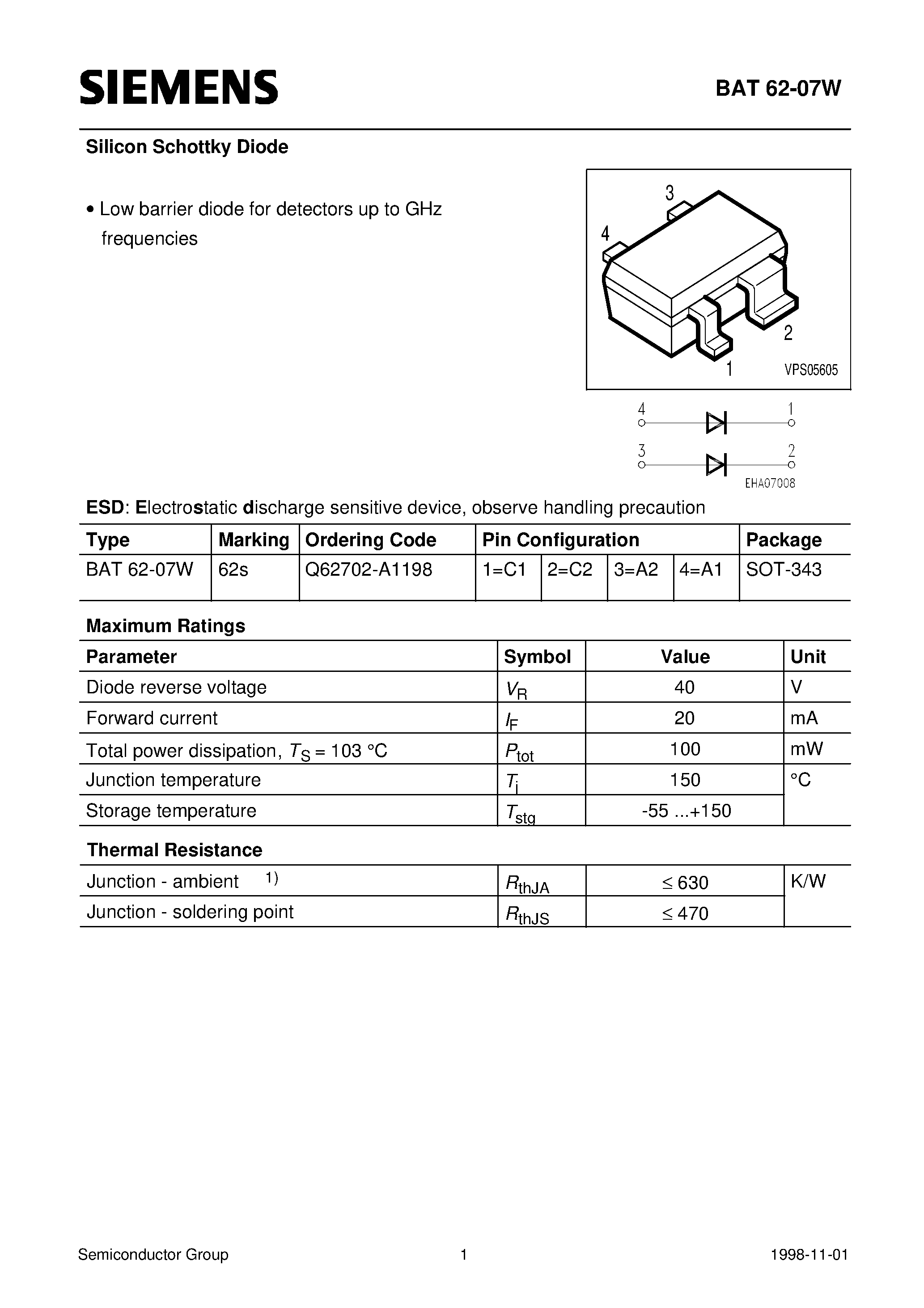 Datasheet Q62702-A1198 page 1 Datasheet Q62702-A1198 - Silicon Schottky Diode (Low barrier diode for detectors up to GHz frequencies) page 1