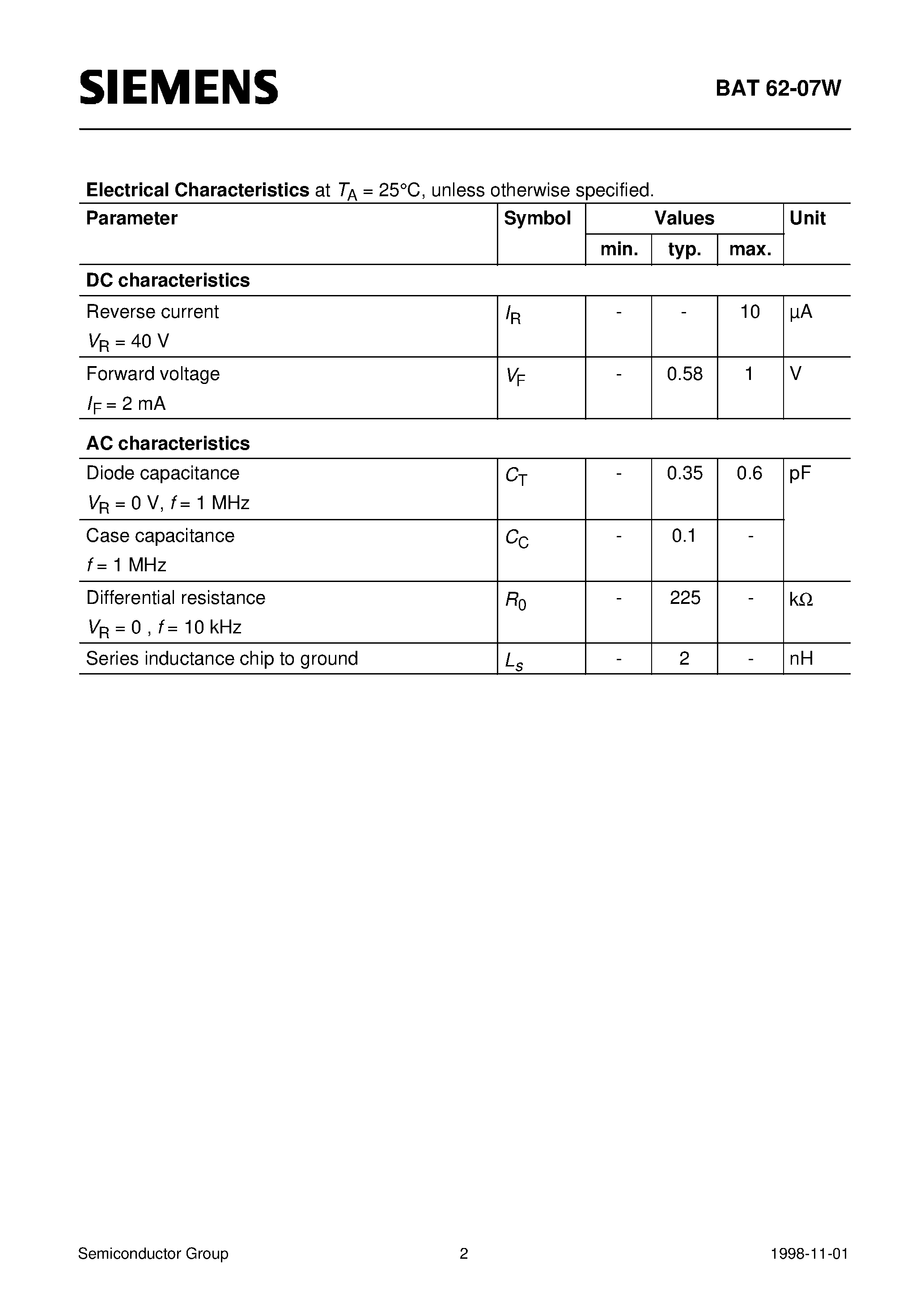Datasheet Q62702-A1198 page 2 Datasheet Q62702-A1198 - Silicon Schottky Diode (Low barrier diode for detectors up to GHz frequencies) page 2