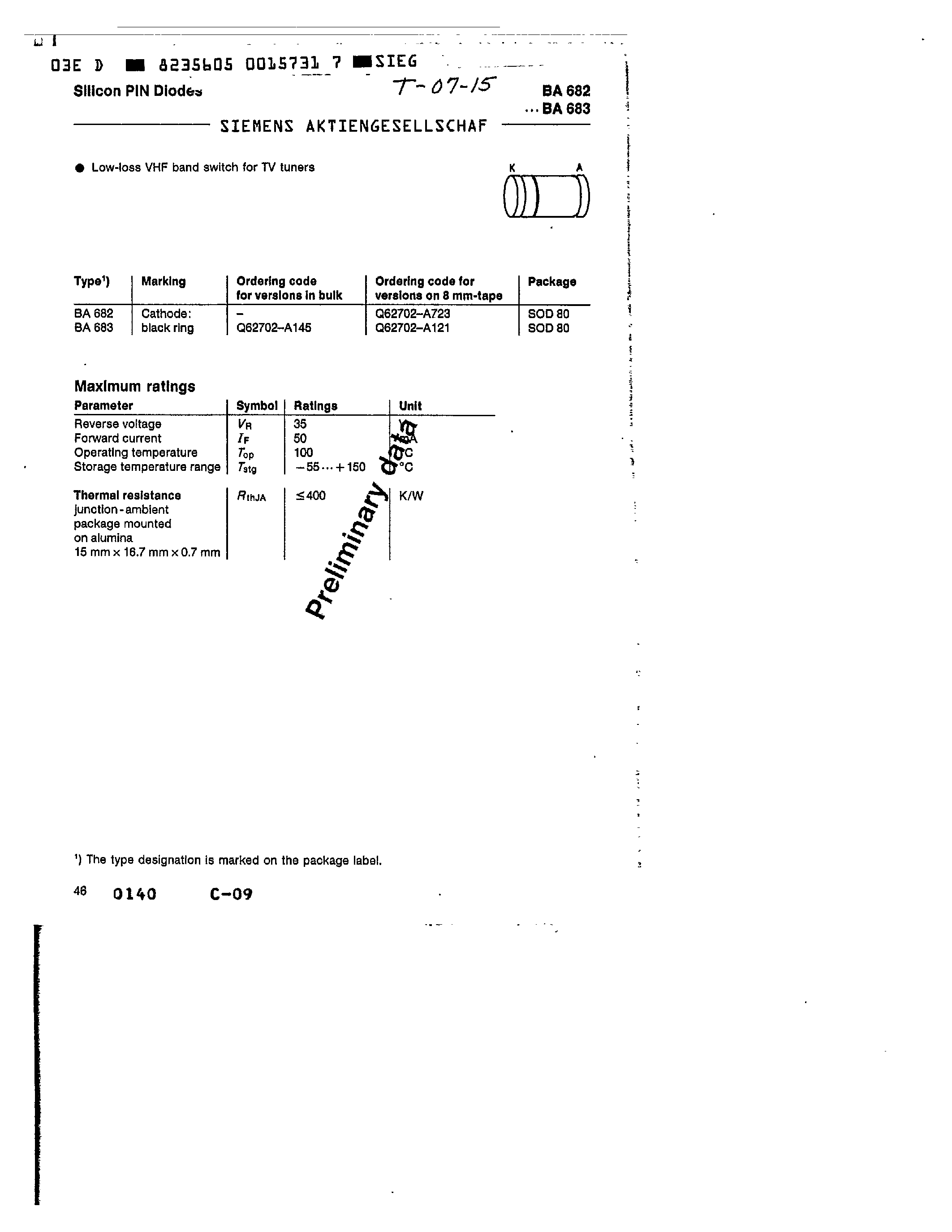 Datasheet Q62702-A121 page 1 Datasheet Q62702-A121 - Silicon PIN Diode (High voltage current controlled RF resistor for RF attenuator and switches Frequency range above 1 MHz) page 1