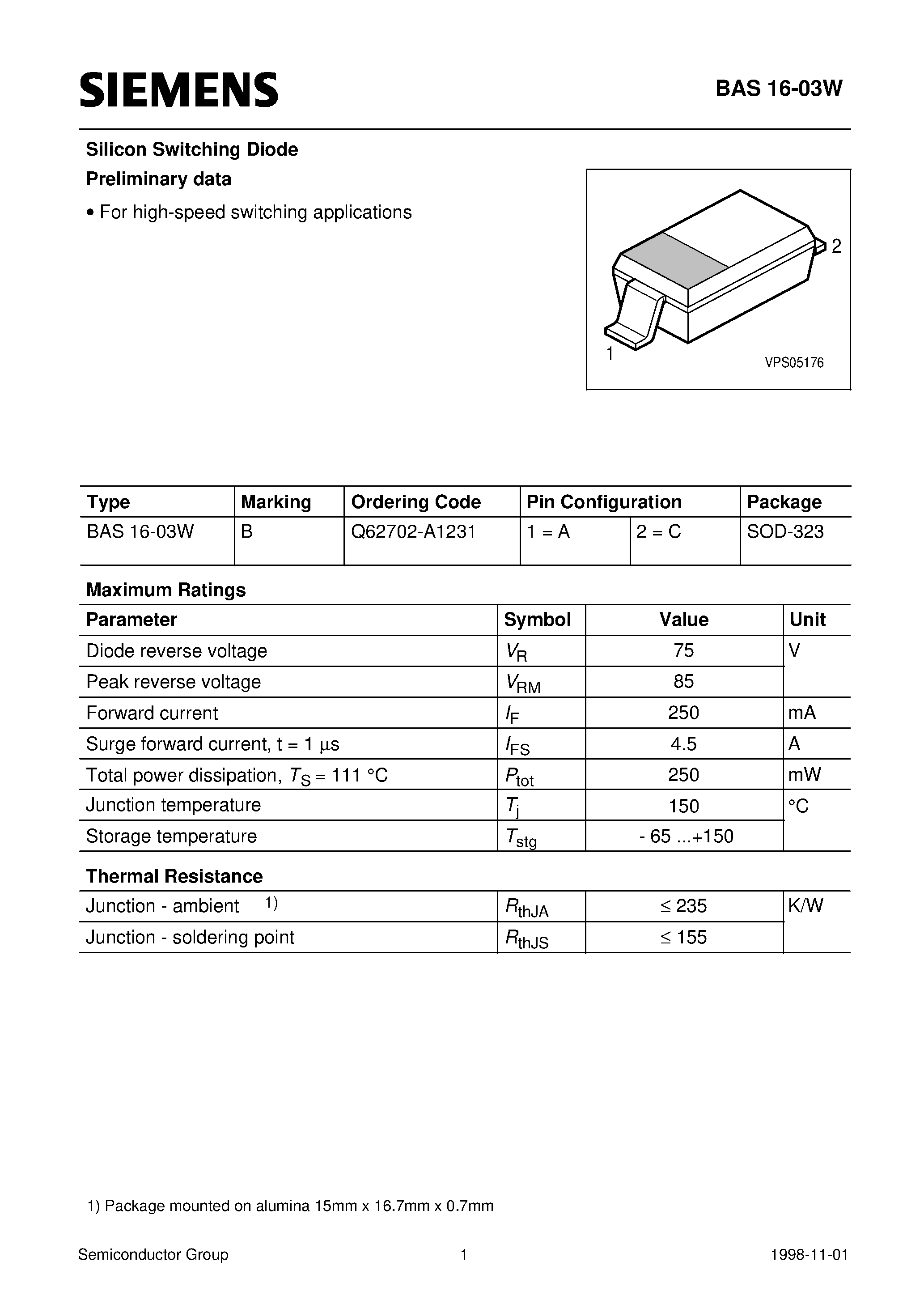 Даташит на микросхему Q62702-A1231 страница 1 Даташит Q62702-A1231 - Silicon Switching Diode Preliminary data (For high-speed switching applications) страница 1
