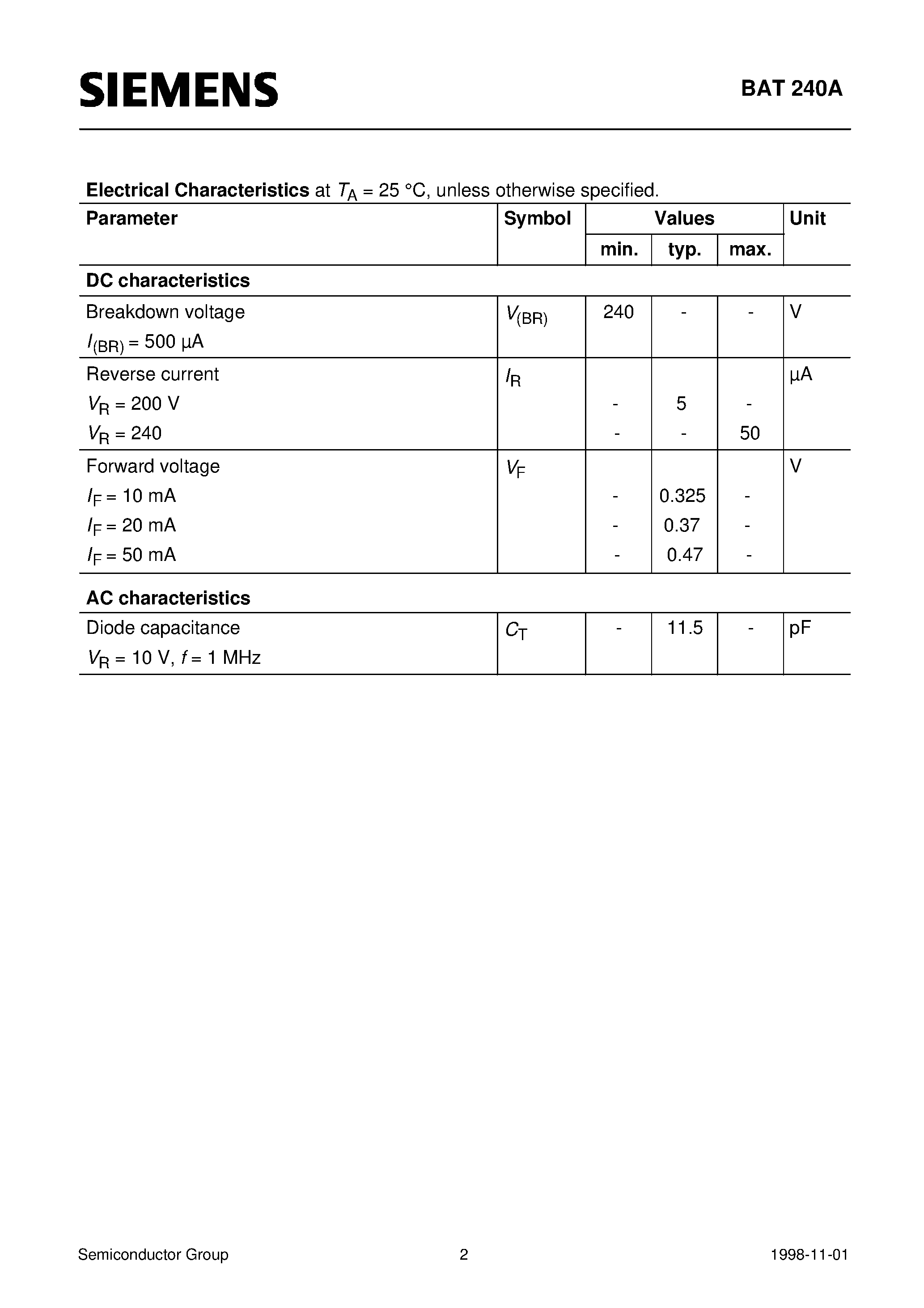 Datasheet Q62702-A1234 page 2 Datasheet Q62702-A1234 - Silicon Schottky Diode (Rectifier Schottky diode for modem applications High reverse voltage For power supply) page 2