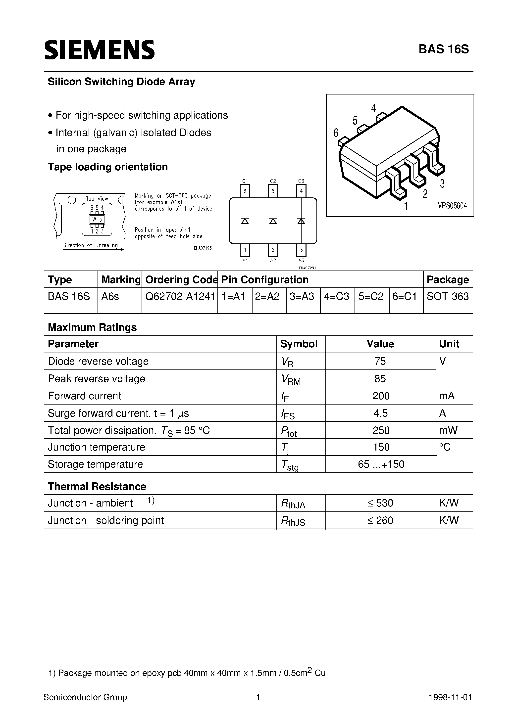 Даташит Q62702-A1241 - Silicon Switching Diode Array (For high-speed switching applications Internal (galvanic) isolated Diodes in one package) страница 1