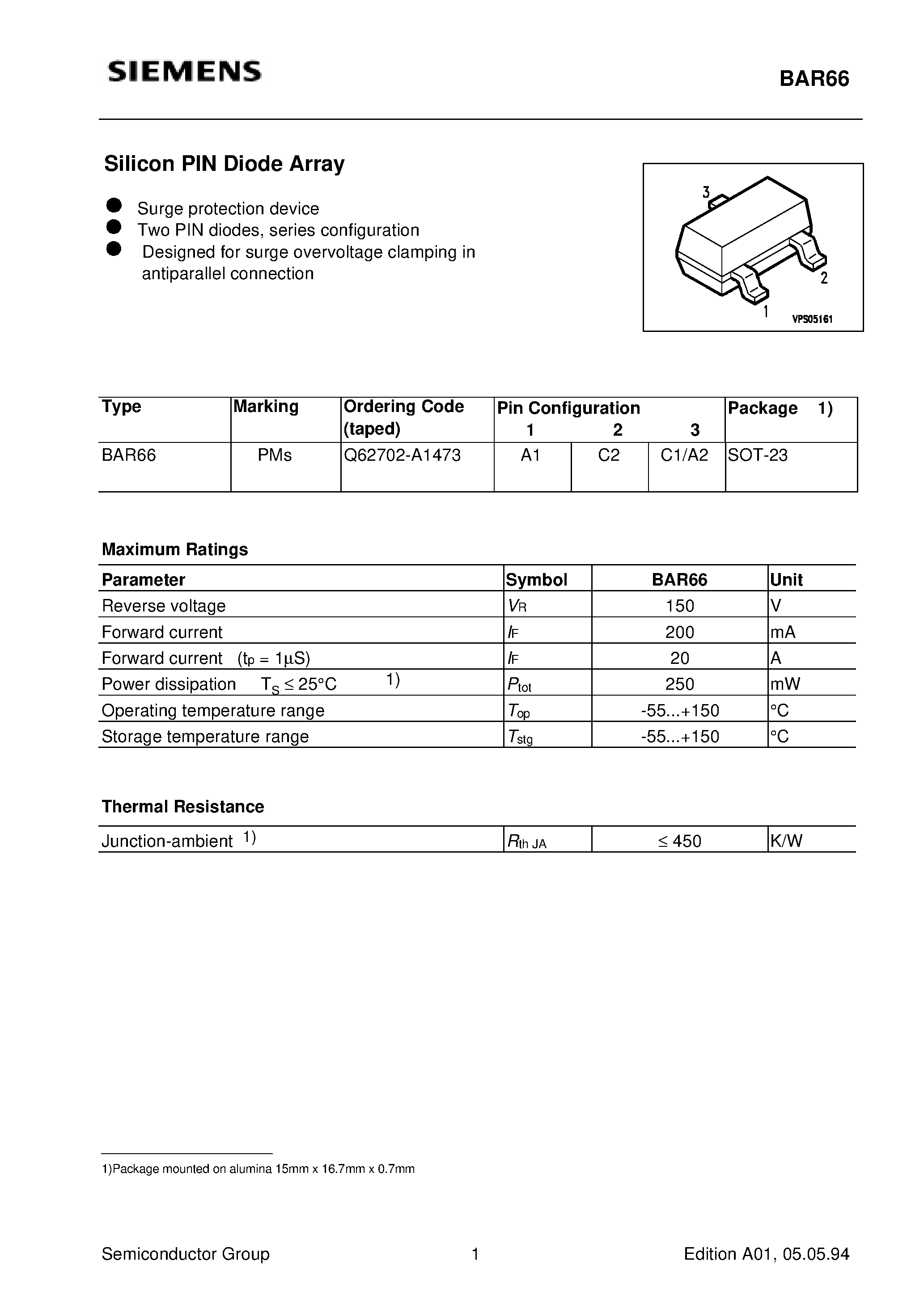 Даташит Q62702-A1473 - Silicon PIN Diode Array (Surge protection device Two PIN diodes/ series configuration) страница 1