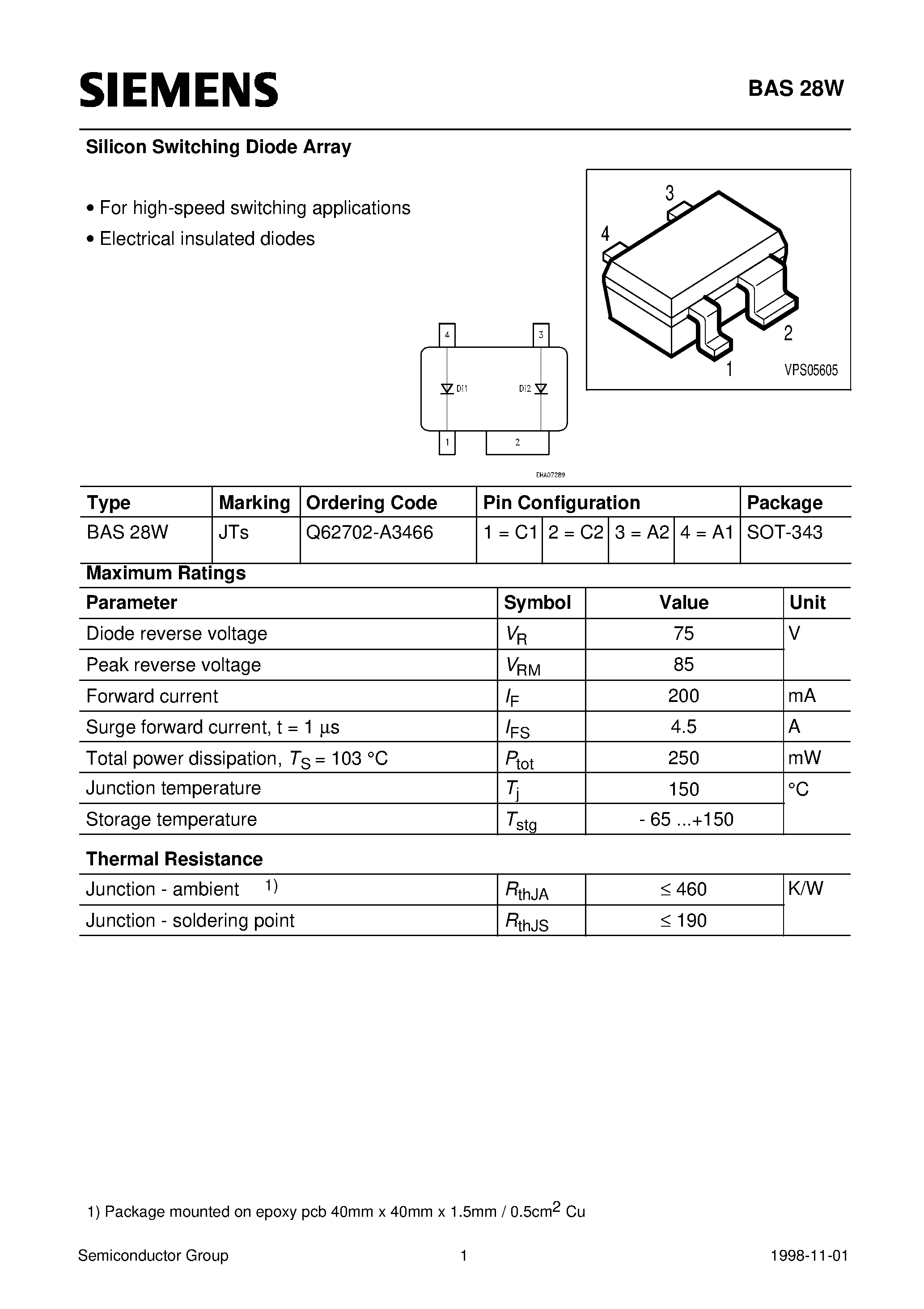 Даташит Q62702-A3466 - Silicon Switching Diode Array (For high-speed switching applications Electrical insulated diodes) страница 1