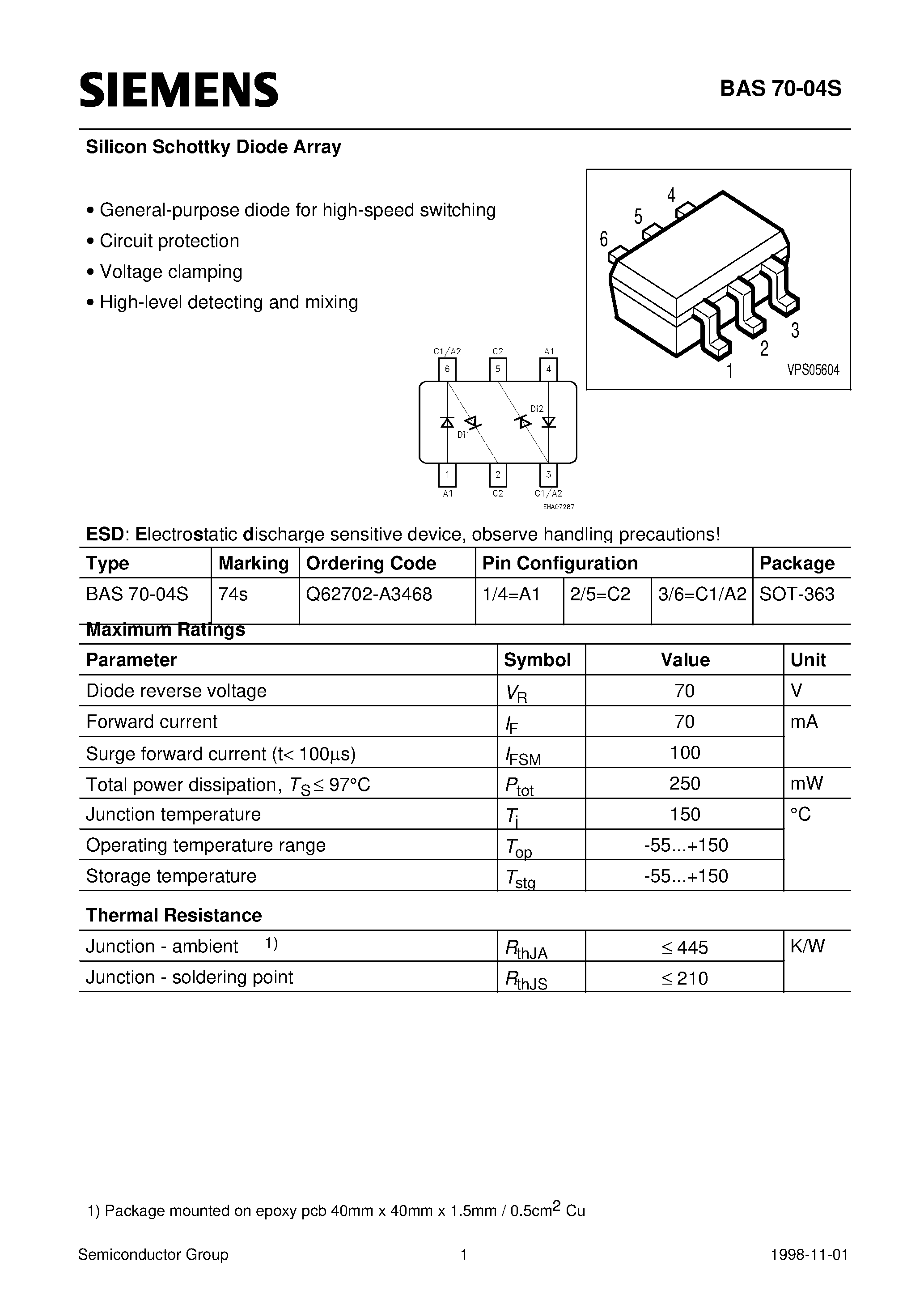 Datasheet Q62702-A3468 page 1 Datasheet Q62702-A3468 - Silicon Schottky Diode Array (General-purpose diode for high-speed switching Circuit protection Voltage clamping) page 1