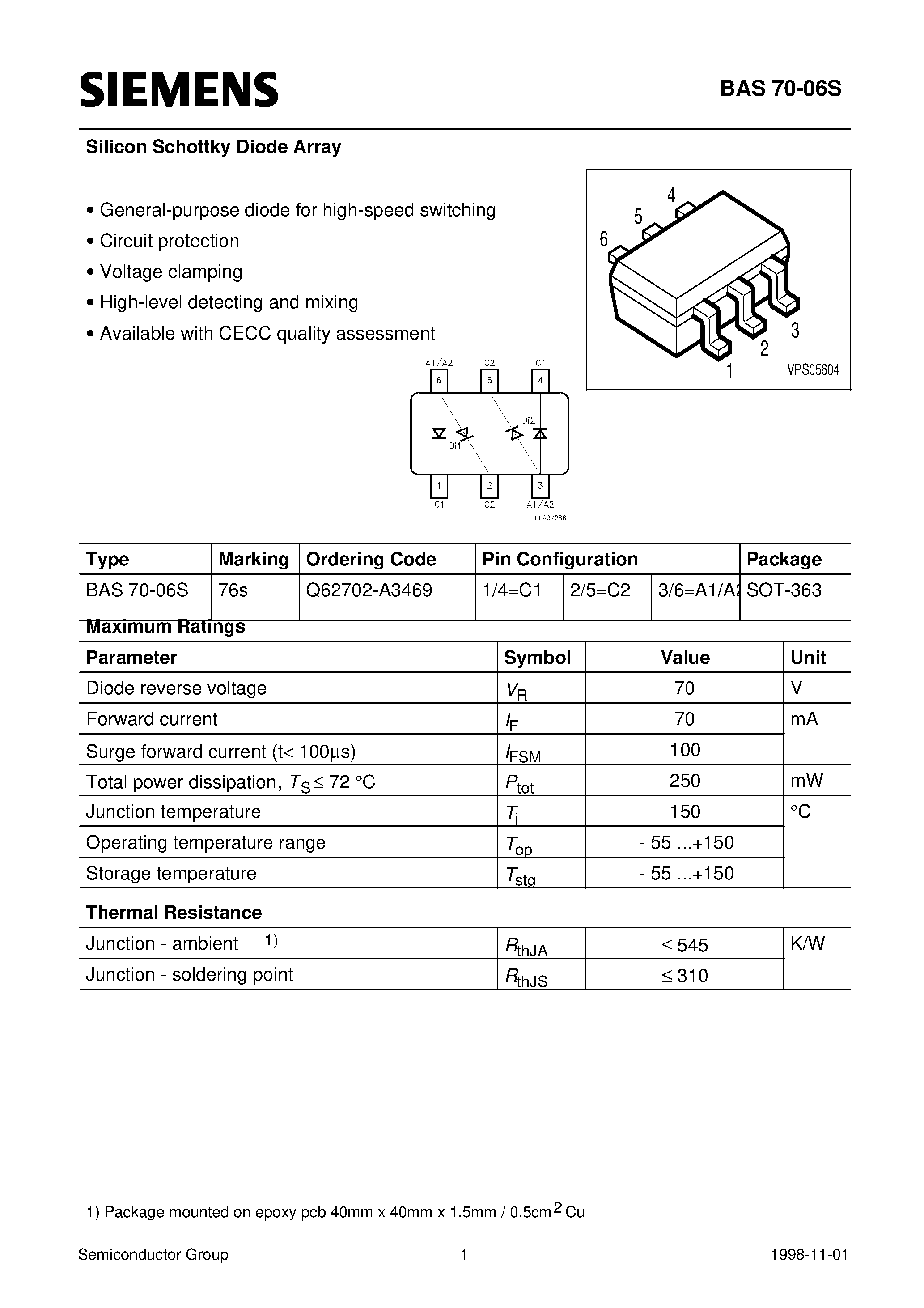 Datasheet Q62702-A3469 page 1 Datasheet Q62702-A3469 - Silicon Schottky Diode Array (General-purpose diode for high-speed switching Circuit protection Voltage clamping) page 1