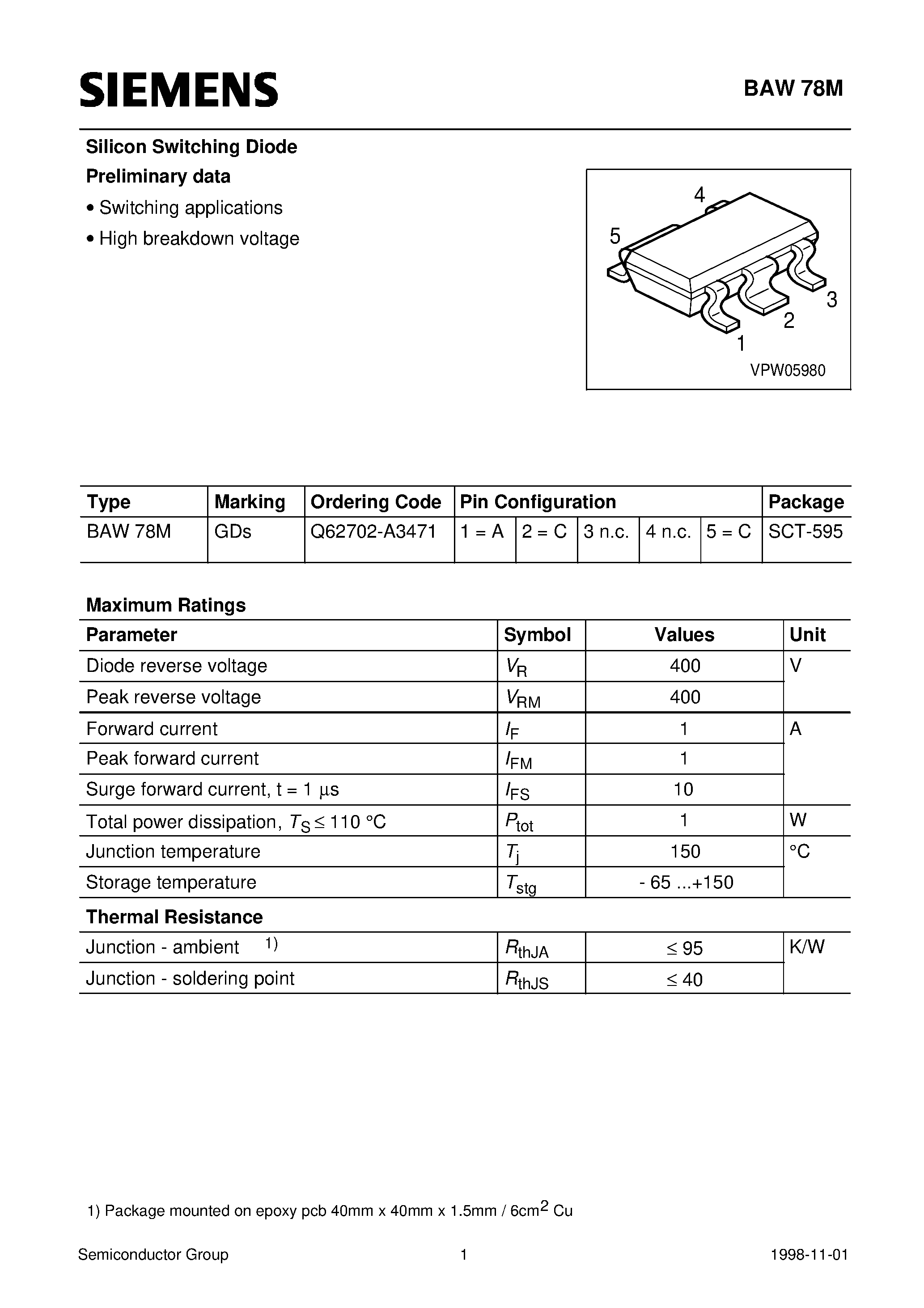 Даташит на микросхему Q62702-A3471 страница 1 Даташит Q62702-A3471 - Silicon Switching Diode (Switching applications High breakdown voltage) страница 1