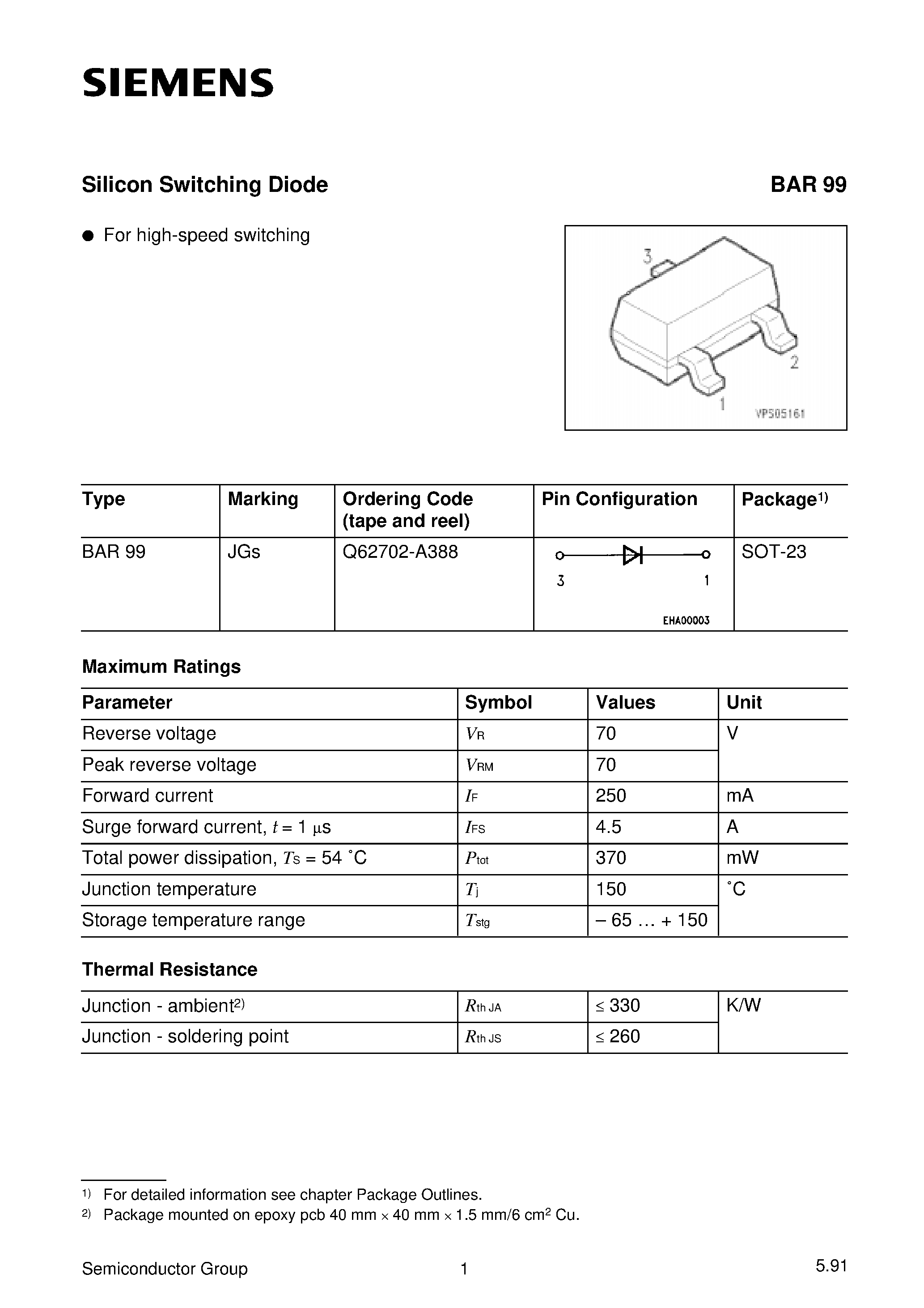Даташит на микросхему Q62702-A388 страница 1 Даташит Q62702-A388 - Silicon Switching Diode (For high-speed switching) страница 1