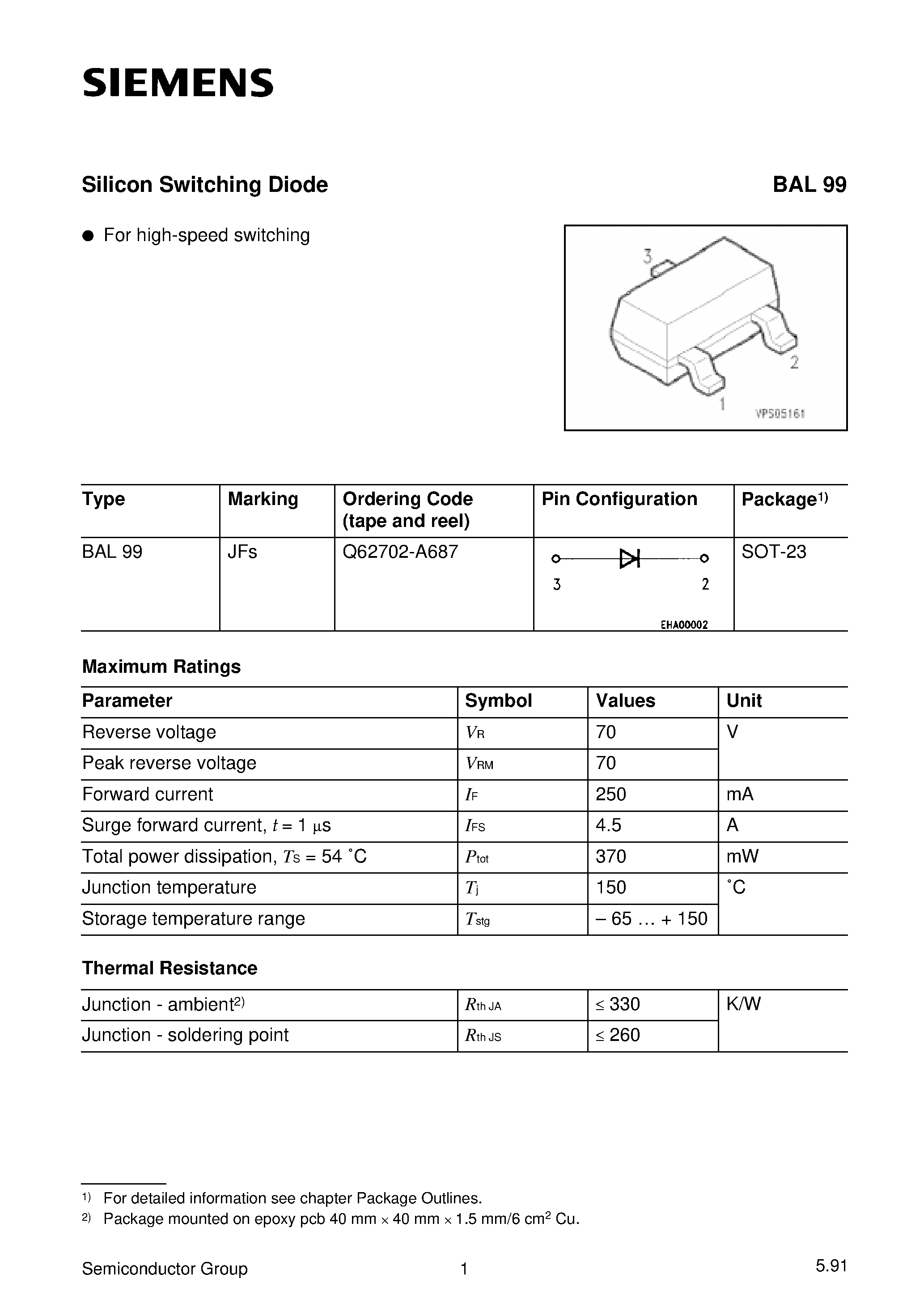 Даташит Q62702-A687 - Silicon Switching Diode (For high-speed switching) страница 1