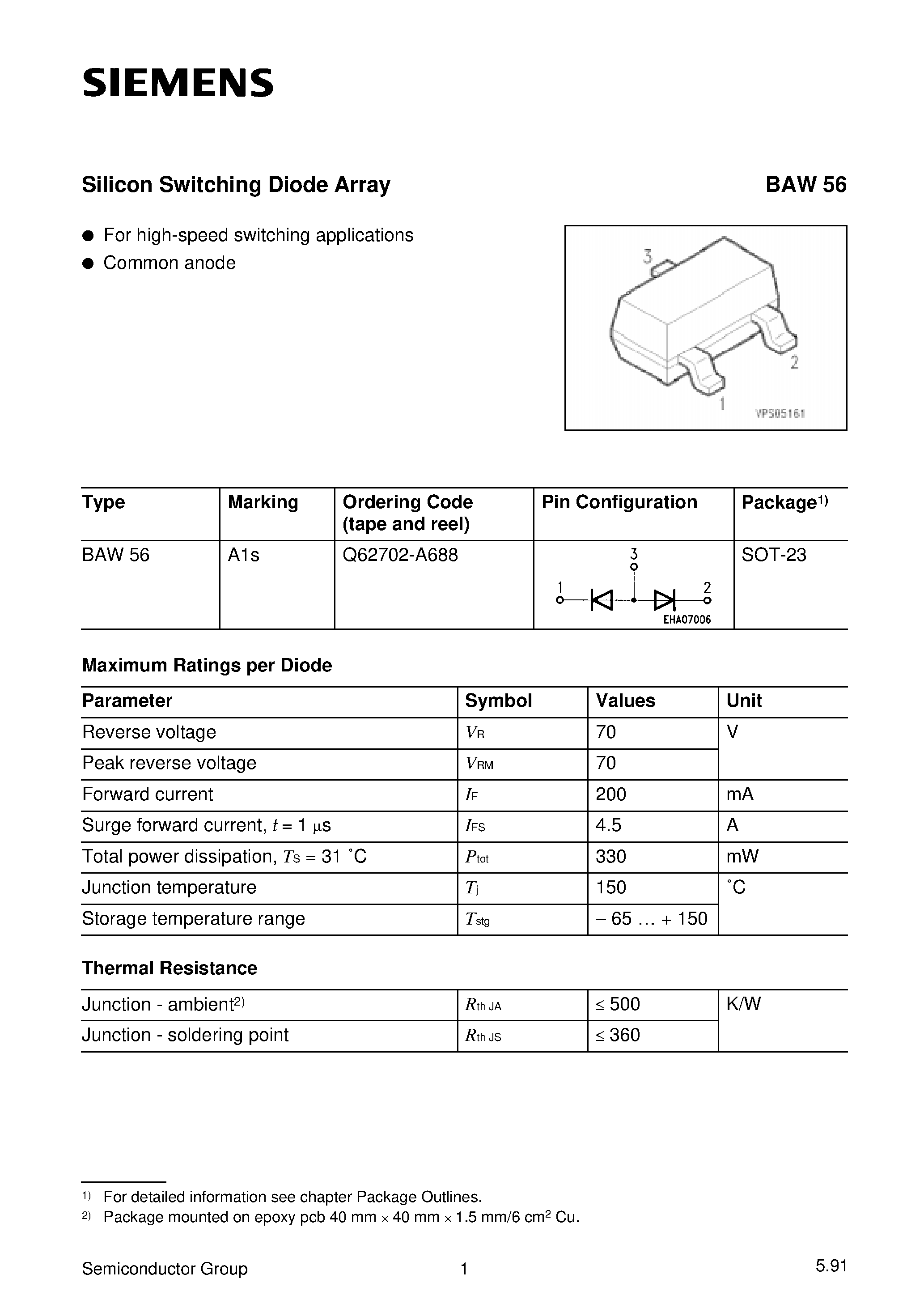 Даташит Q62702-A688 - Silicon Switching Diode Array (For high-speed switching applications Common anode) страница 1