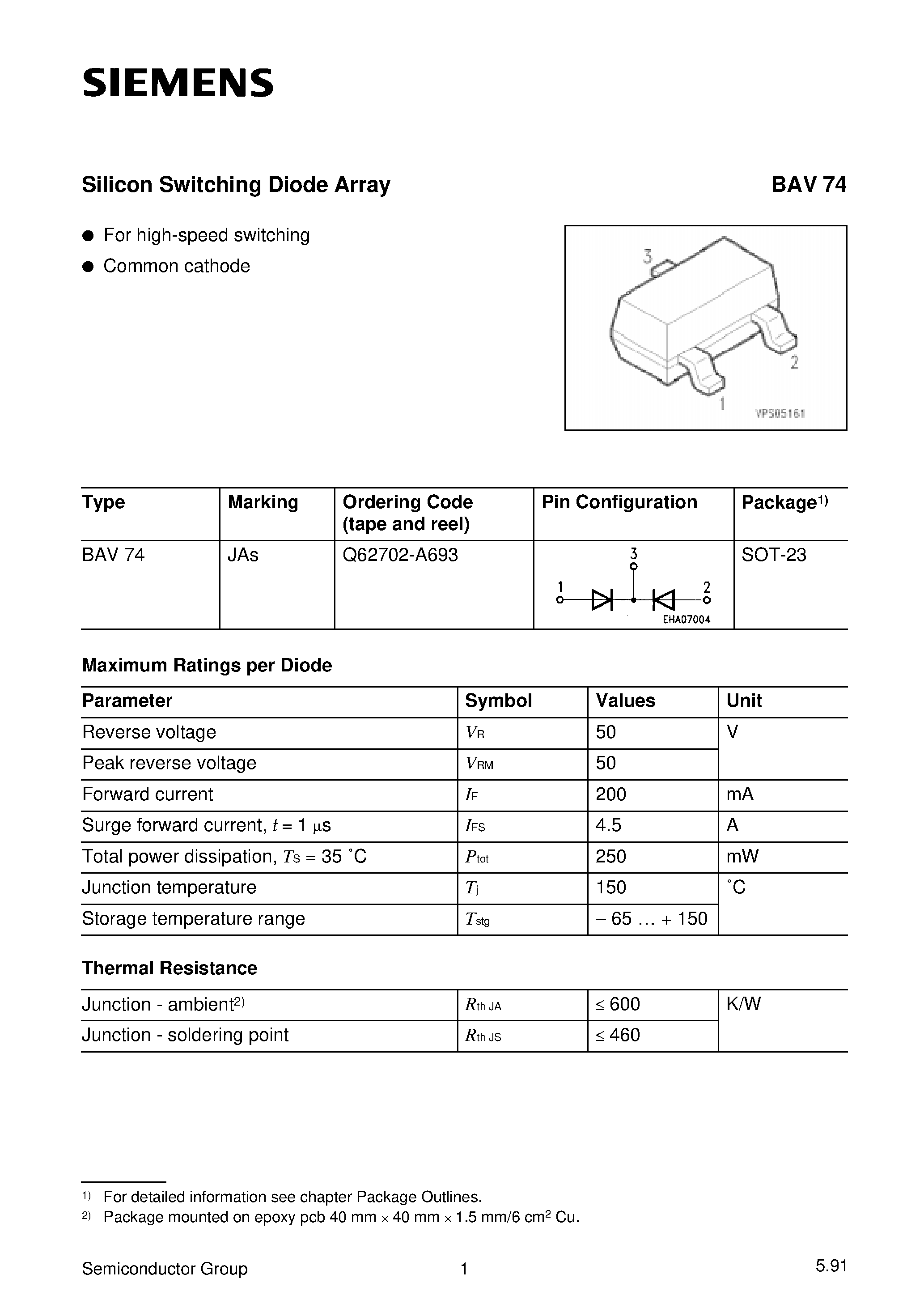 Даташит Q62702-A693 - Silicon Switching Diode Array (For high-speed switching Common cathode) страница 1