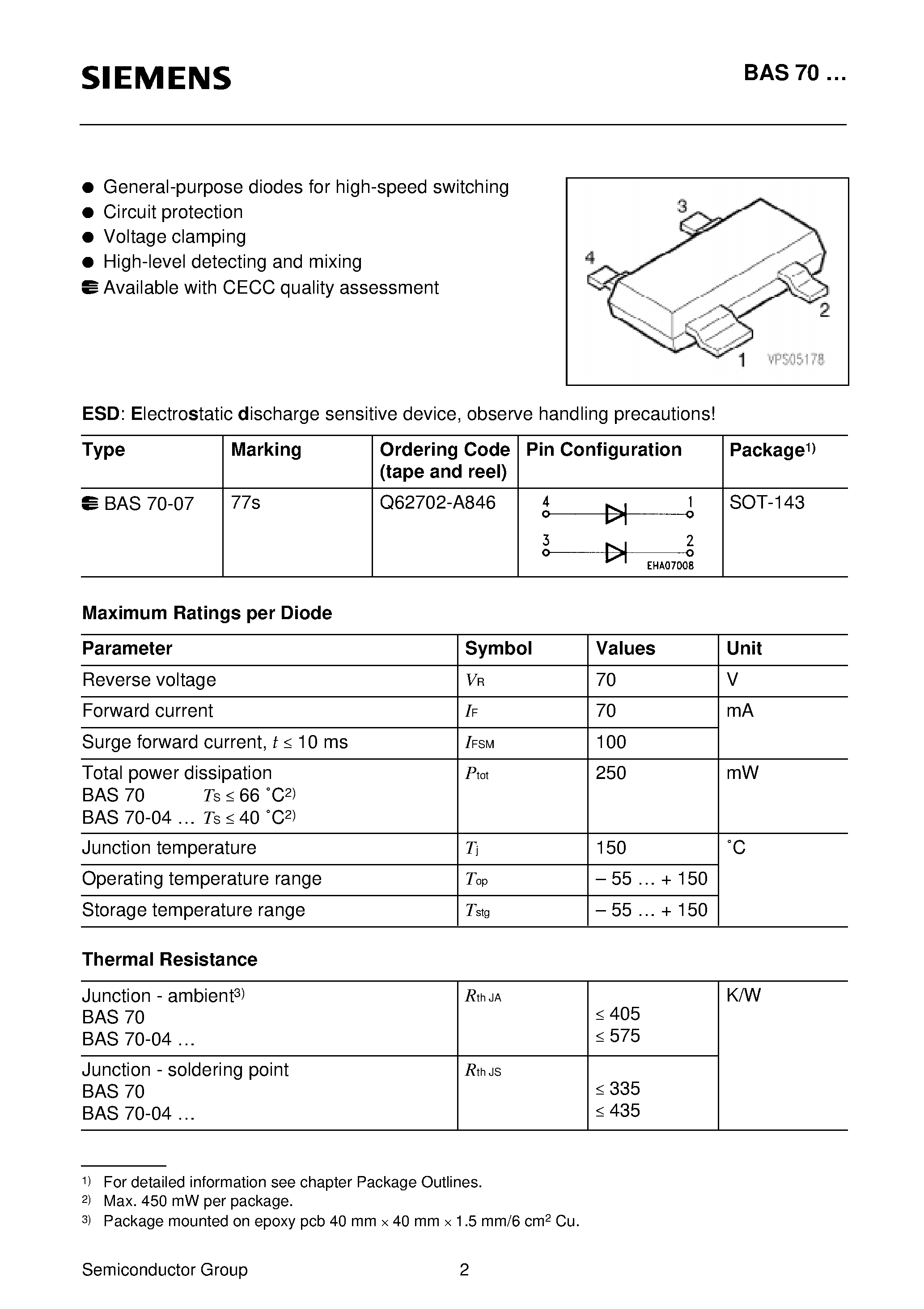 Datasheet Q62702-A711 - Silicon Schottky Diodes (General-purpose diodes for high-speed switching Circuit protection Voltage clamping High-level detecting and mixing) page 2
