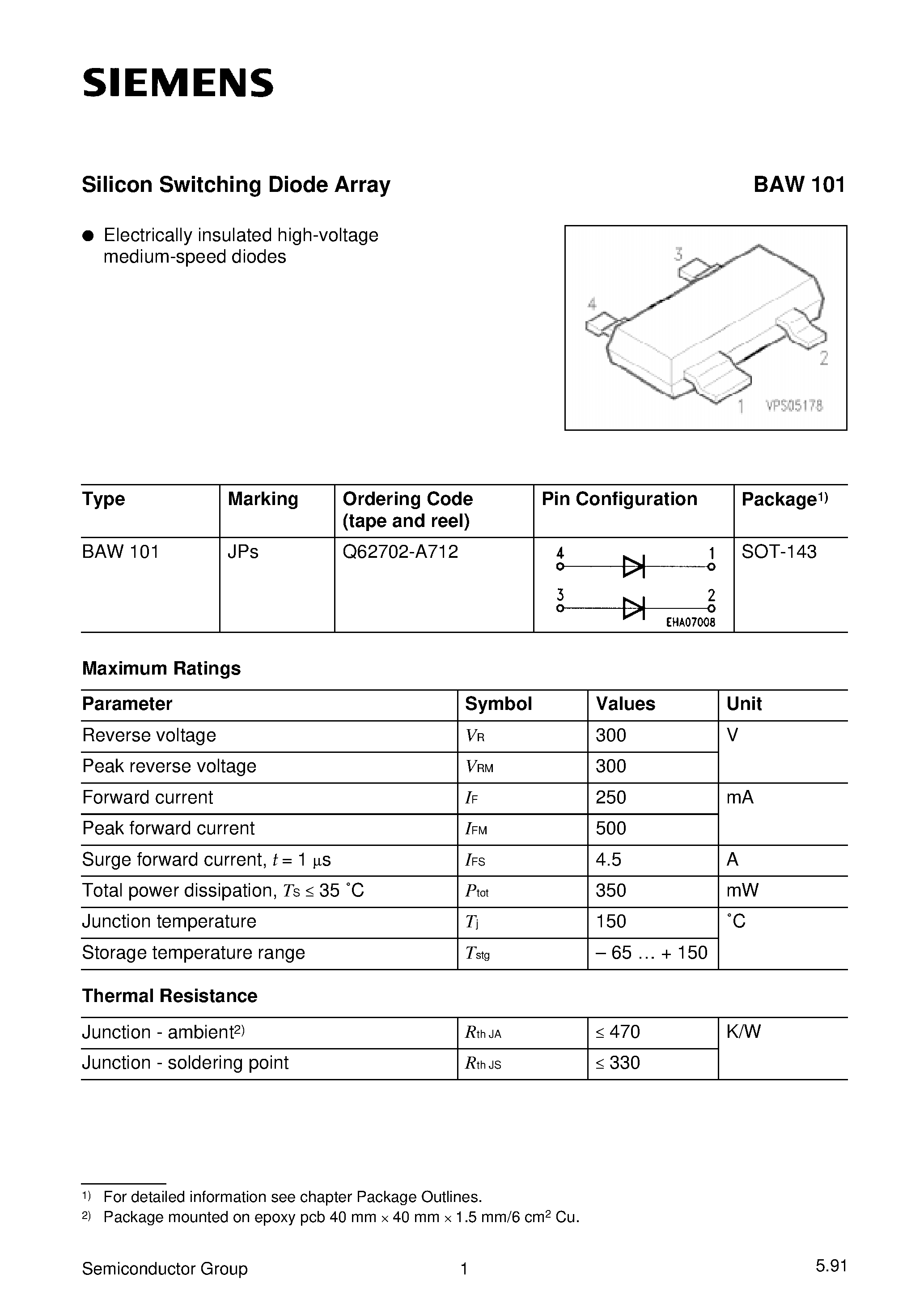 Даташит Q62702-A712 - Silicon Switching Diode Array (Electrically insulated high-voltage medium-speed diodes) страница 1