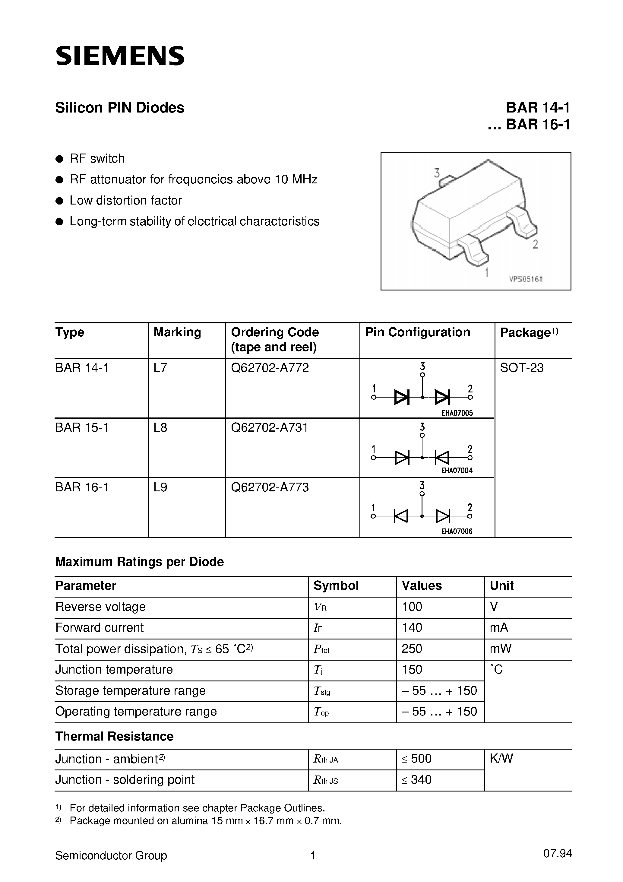Даташит на микросхему Q62702-A772 страница 1 Даташит Q62702-A772 - Silicon PIN Diodes страница 1