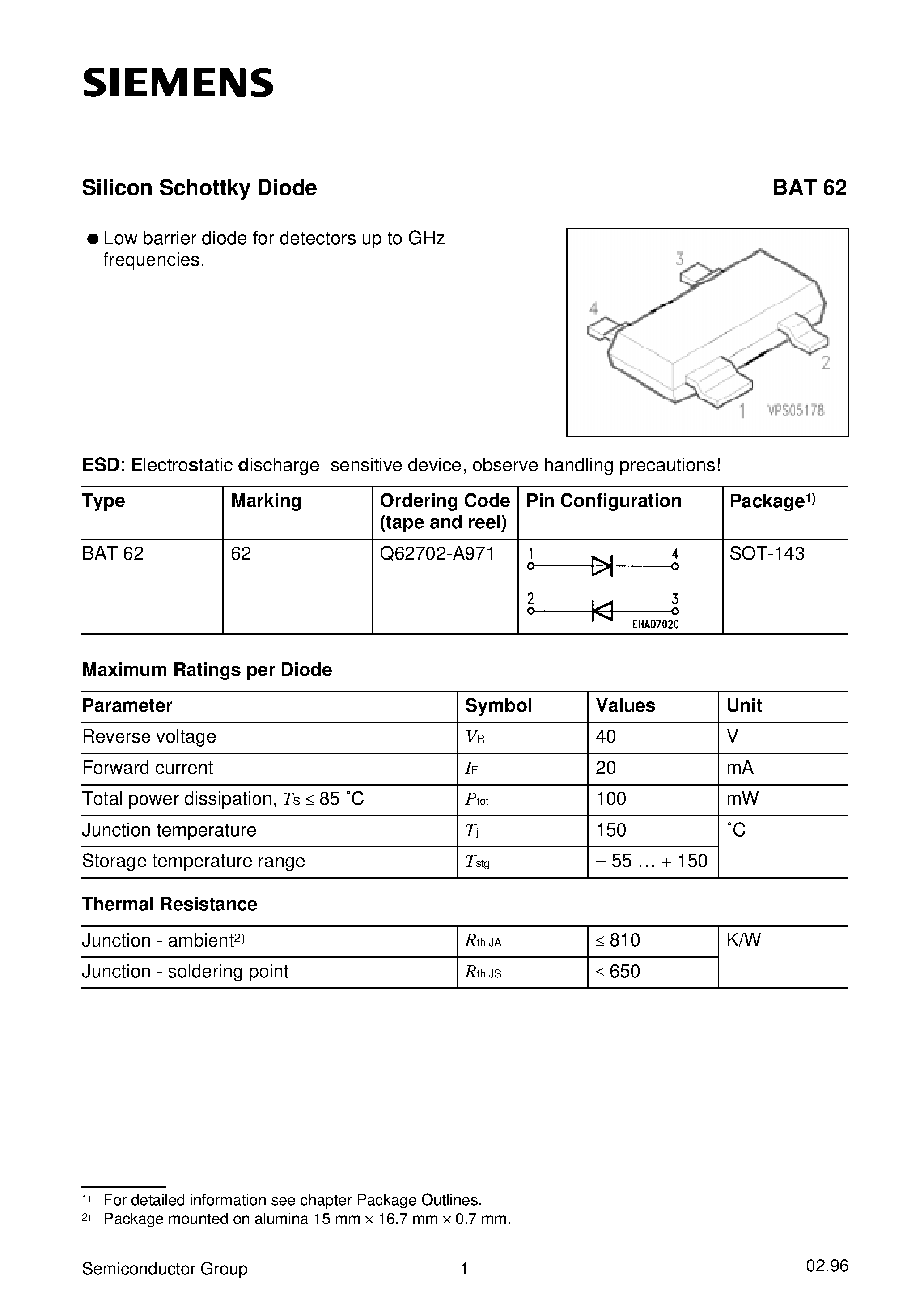 Datasheet Q62702-A971 page 1 Datasheet Q62702-A971 - Silicon Schottky Diode (Low barrier diode for detectors up to GHz frequencies.) page 1