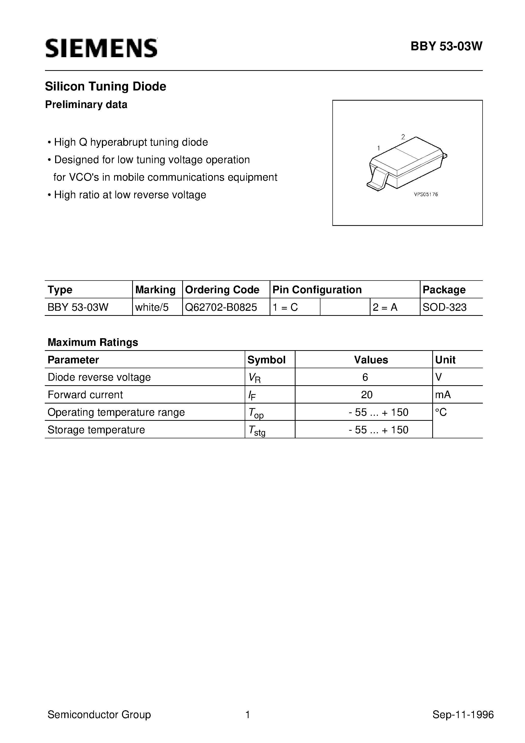 Datasheet Q62702-B0825 - Silicon Tuning Diode (High Q hyperabrupt tuning diode Designed for low tuning voltage operation) page 1
