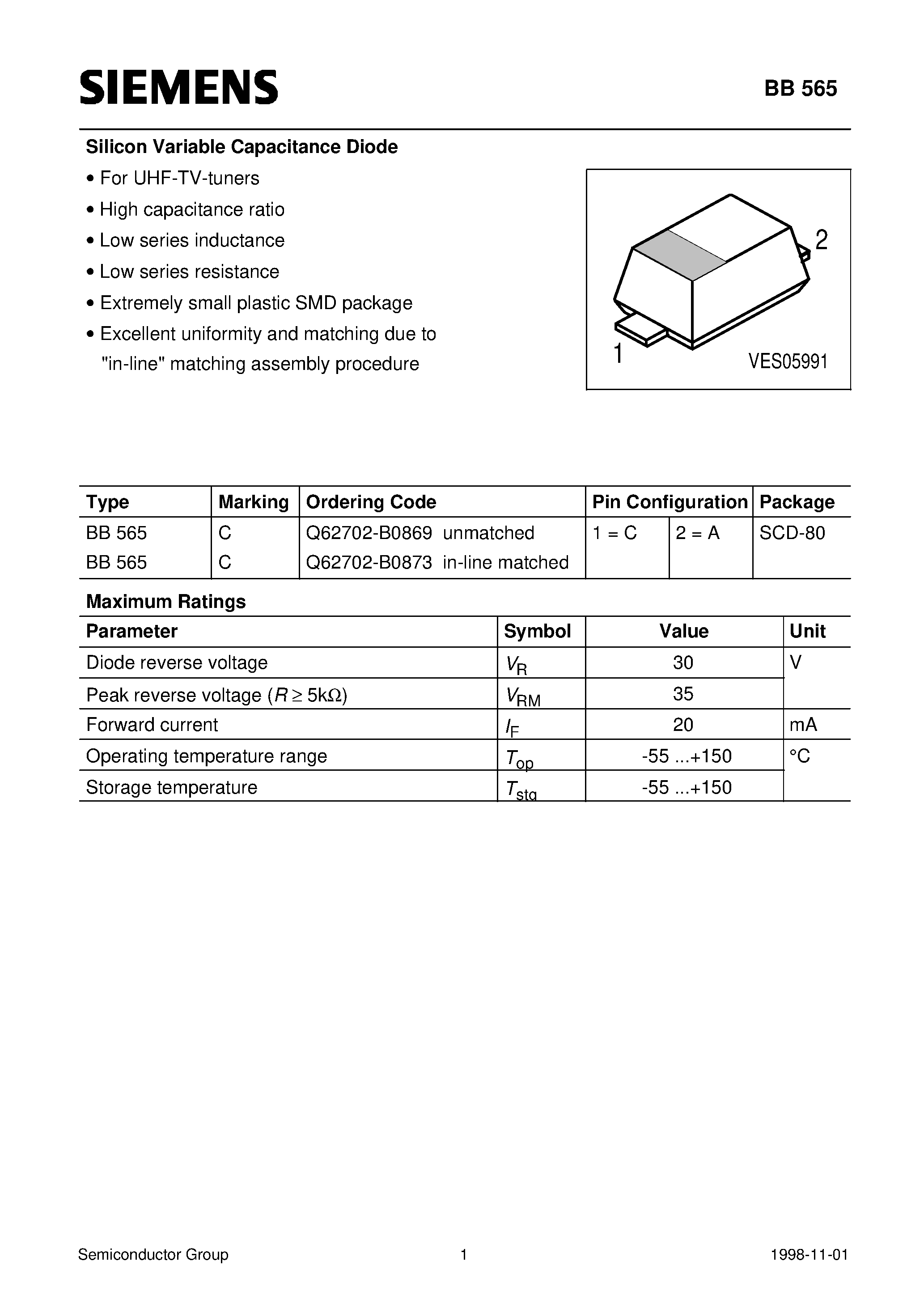Даташит Q62702-B0869 - Silicon Variable Capacitance Diode (For UHF-TV-tuners High capacitance ratio Low series inductance Low series resistance) страница 1