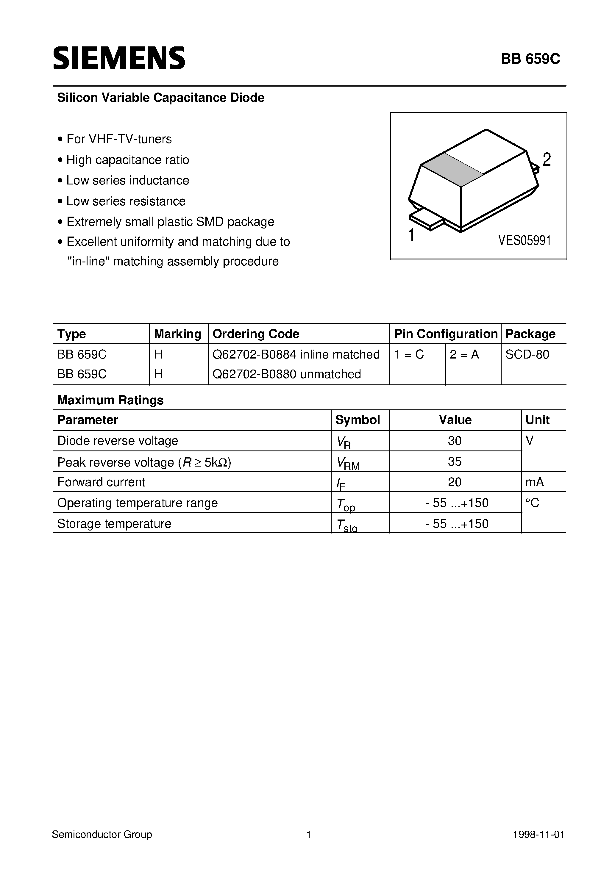 Datasheet Q62702-B0880 - Silicon Variable Capacitance Diode (For VHF-TV-tuners High capacitance ratio Low series inductance Low series resistance) page 1