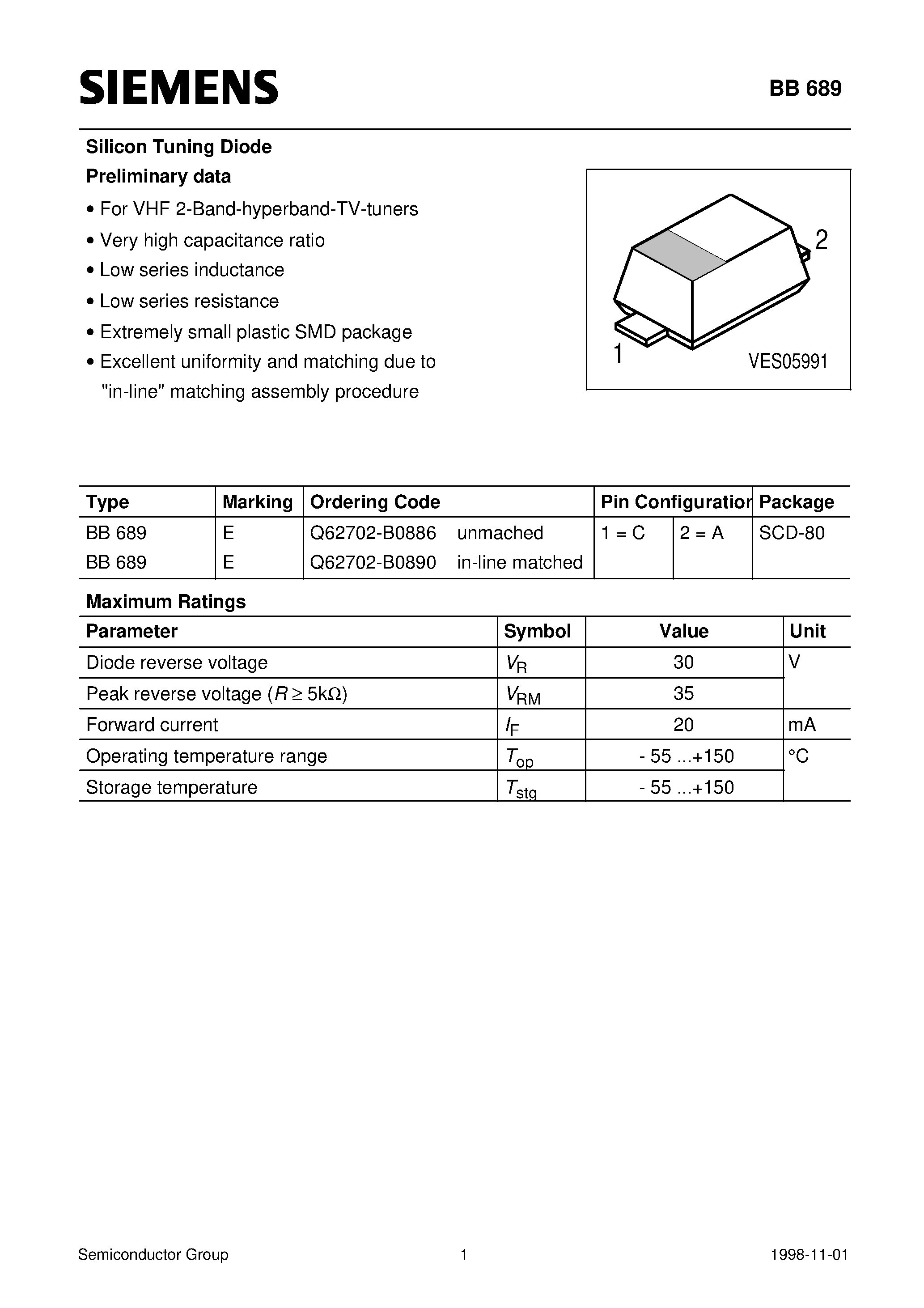 Datasheet Q62702-B0890 - Silicon Tuning Diode (For VHF 2-Band-hyperband-TV-tuners Very high capacitance ratio Low series inductance Low series resistance) page 1