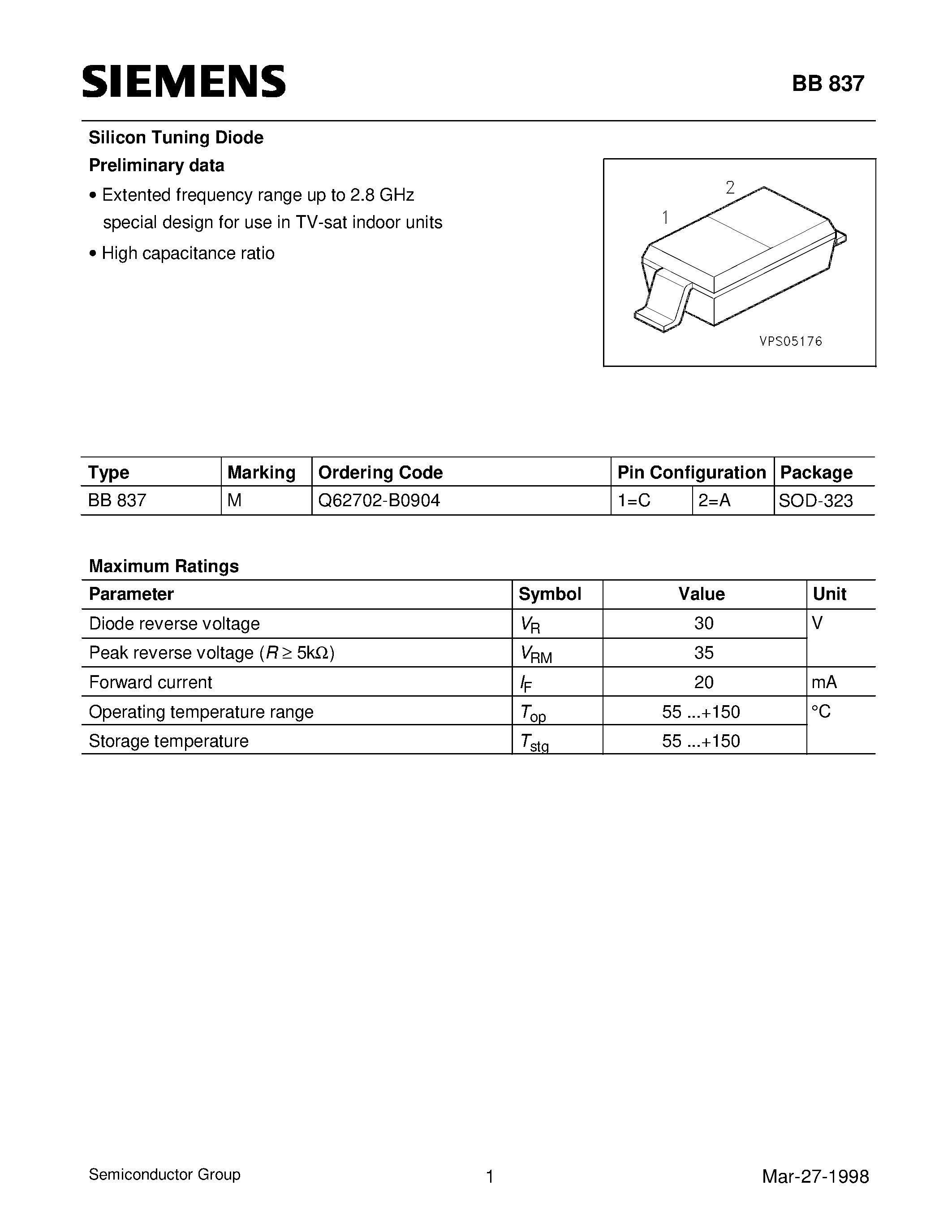 Даташит Q62702-B0904 - Silicon Tuning Diode (Extented frequency range up to 2.8 GHz special design for use in TV-sat indoor units) страница 1